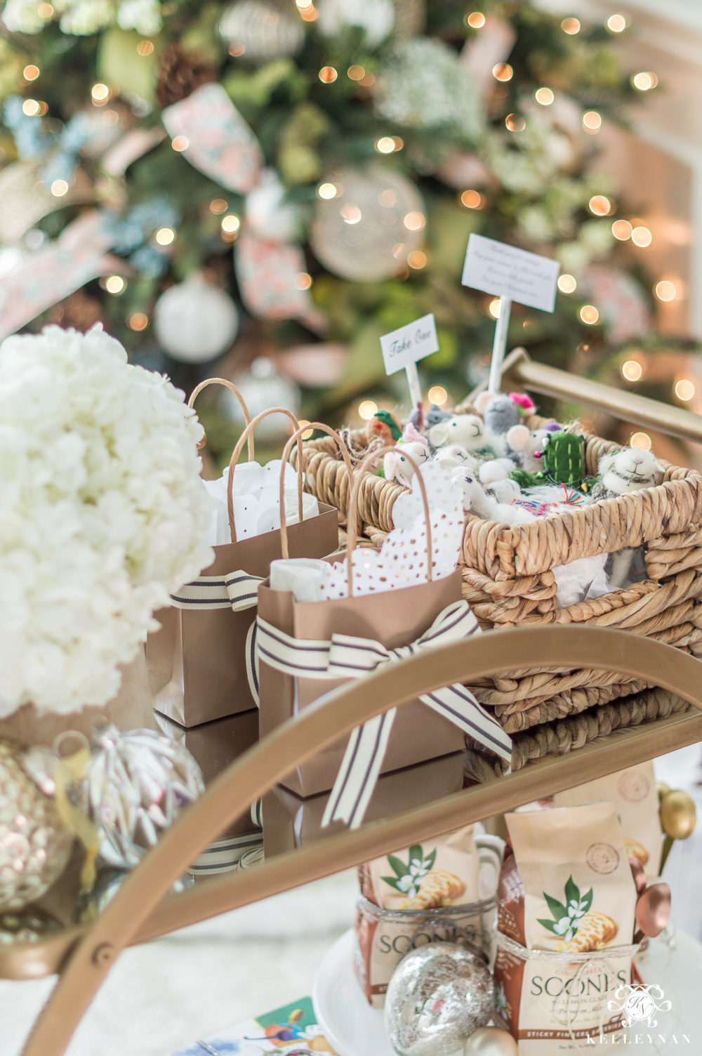 Hostess and neighbor gifts on a holiday bar cart