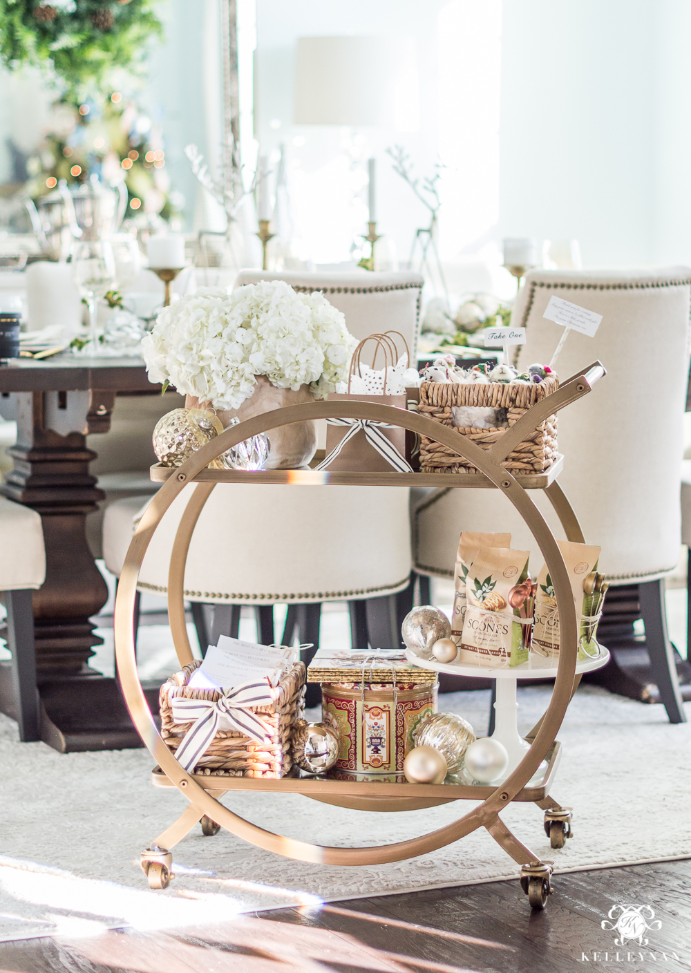 Holiday gift bar cart with hostess gifts