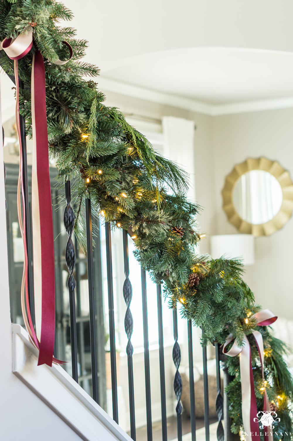 stairwell garland with draping ribbon