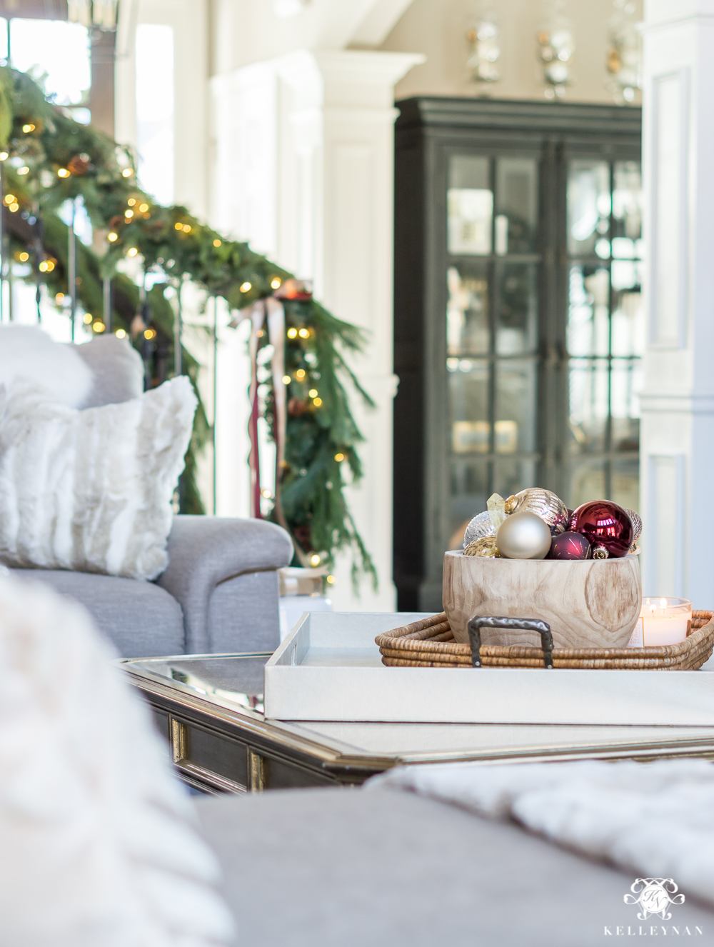 Christmas living room with wooden bowl of ornaments