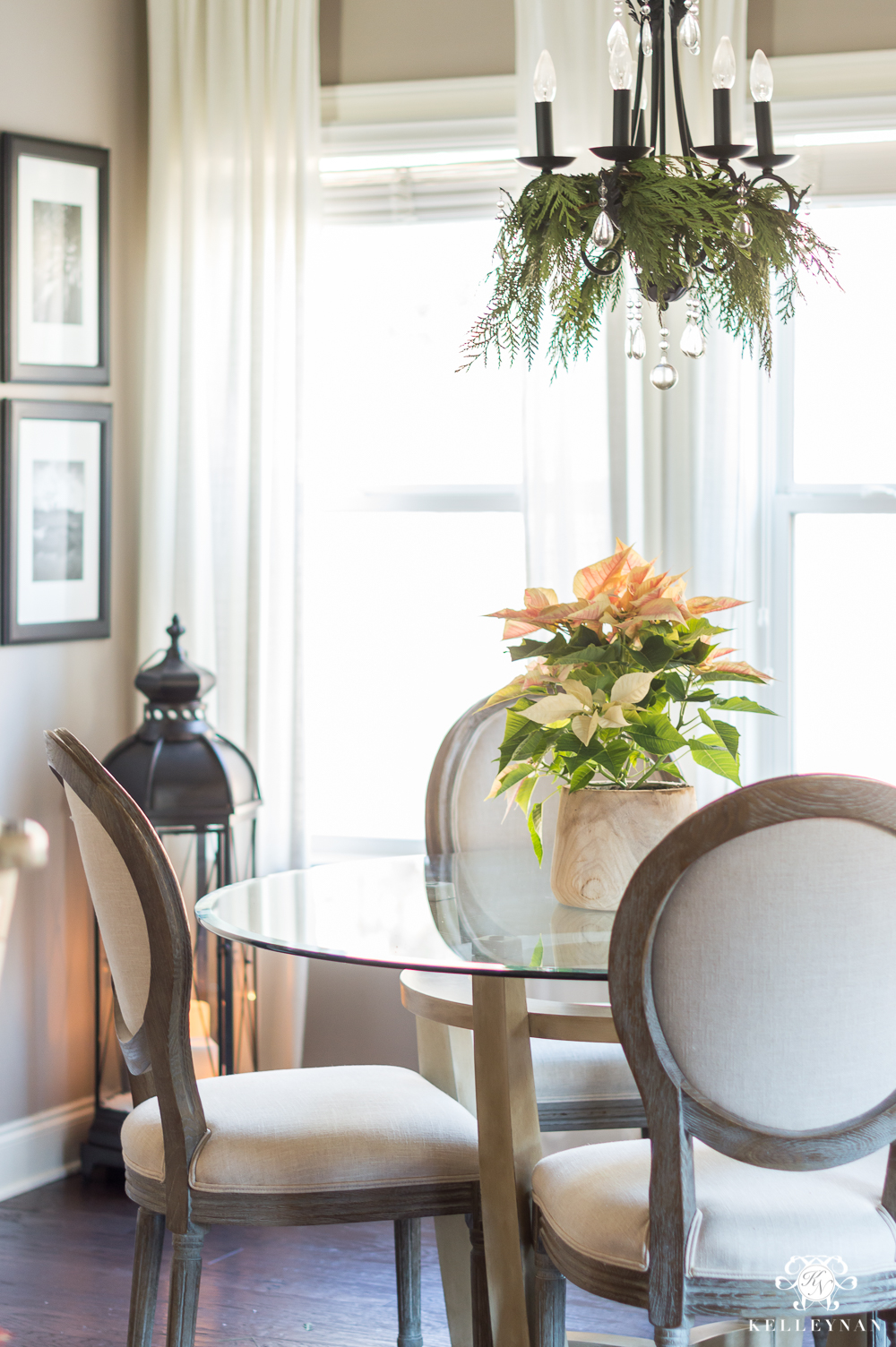 Poinsettia centerpiece on breakfast room table