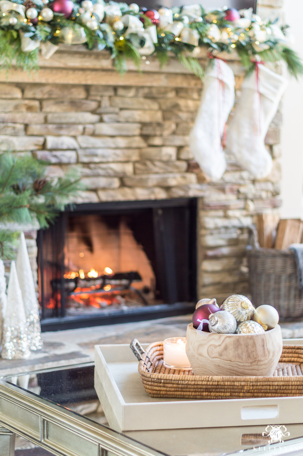 Christmas living room with lit fire