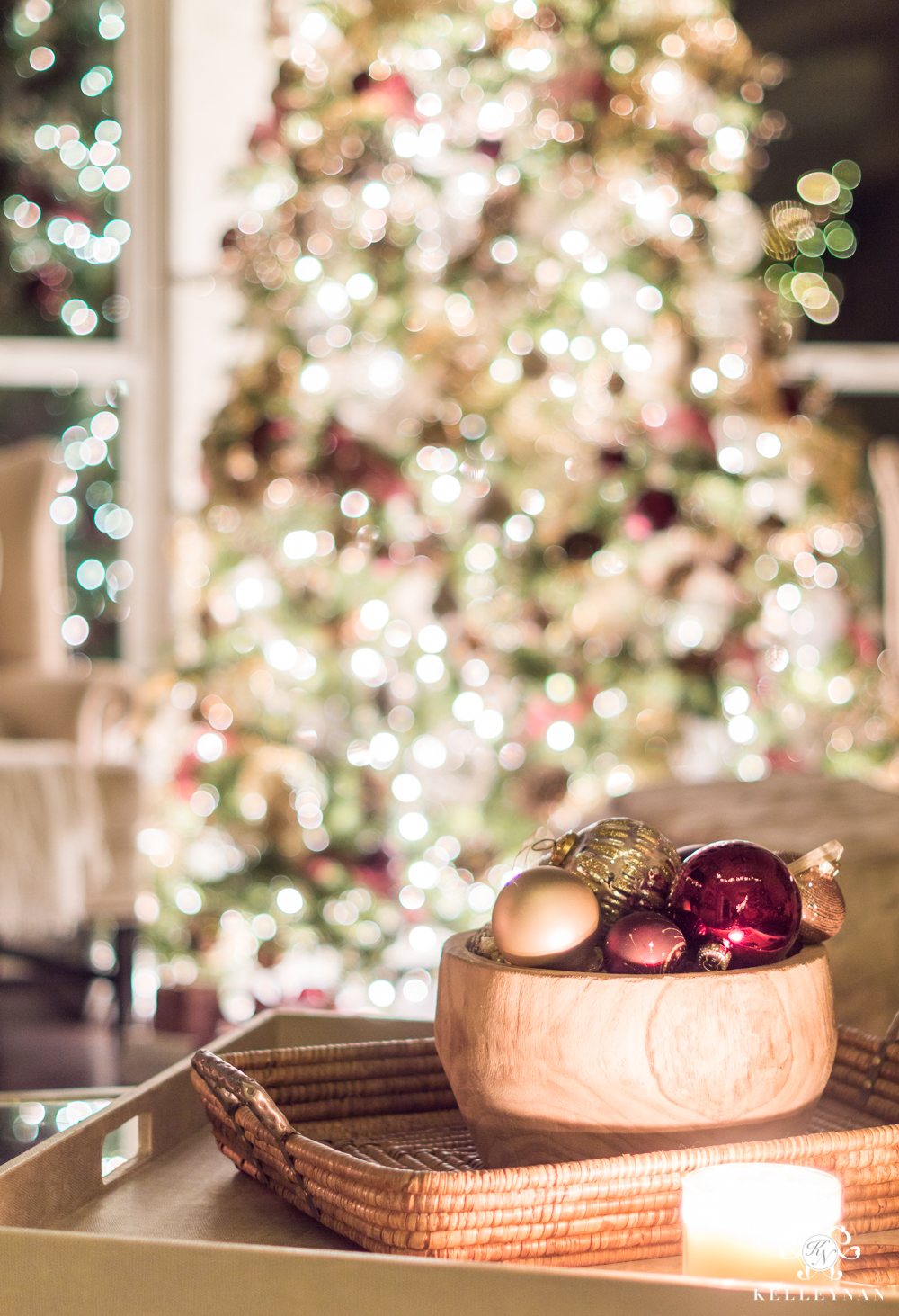 Bowl of ornaments with twinkle lights