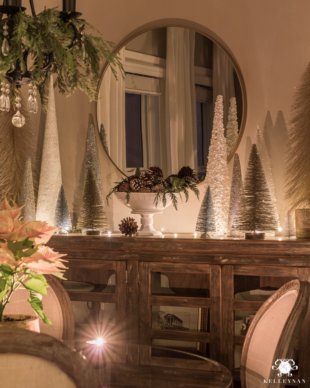 Bottle brush trees on breakfast nook buffet