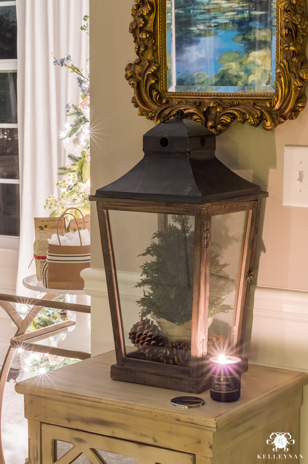 Foyer table lantern at night