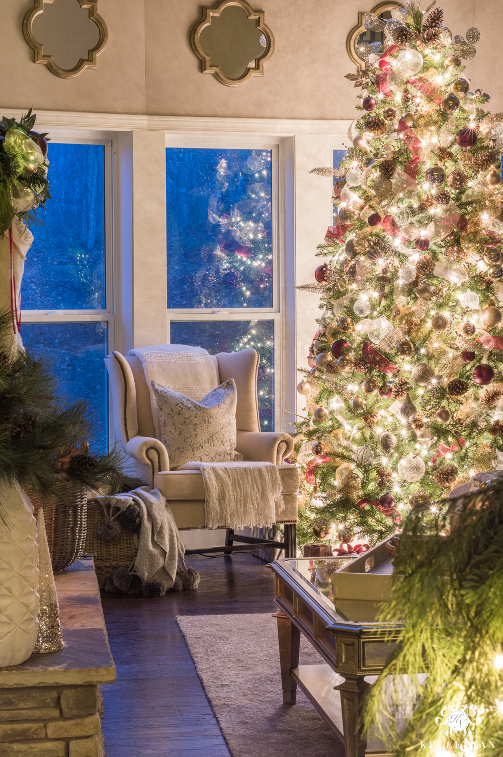 Christmas nook with wingback chair at twilight