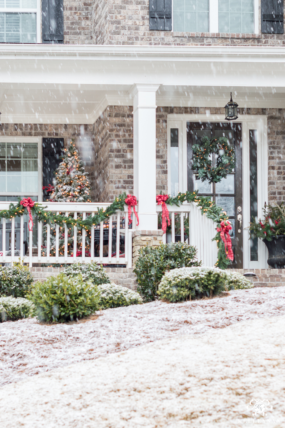 Front Porch Railing Decorated for a Classic Christmas