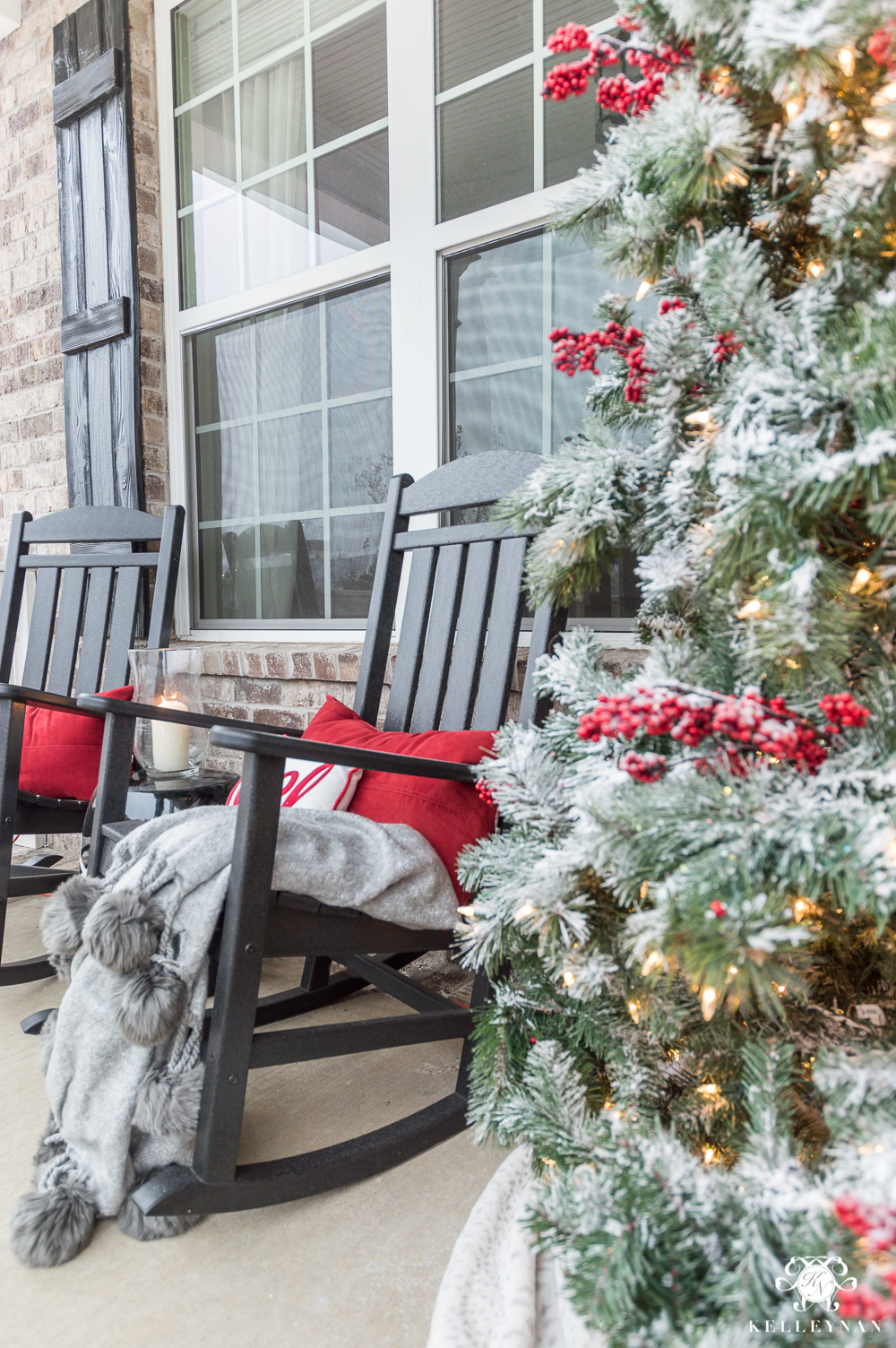 Rocking Chair Christmas Front Porch with Red Accents