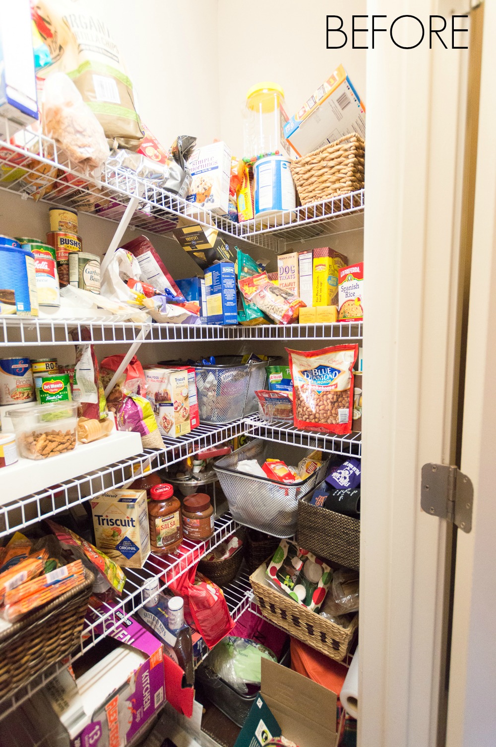 Before of a small cluttered pantry