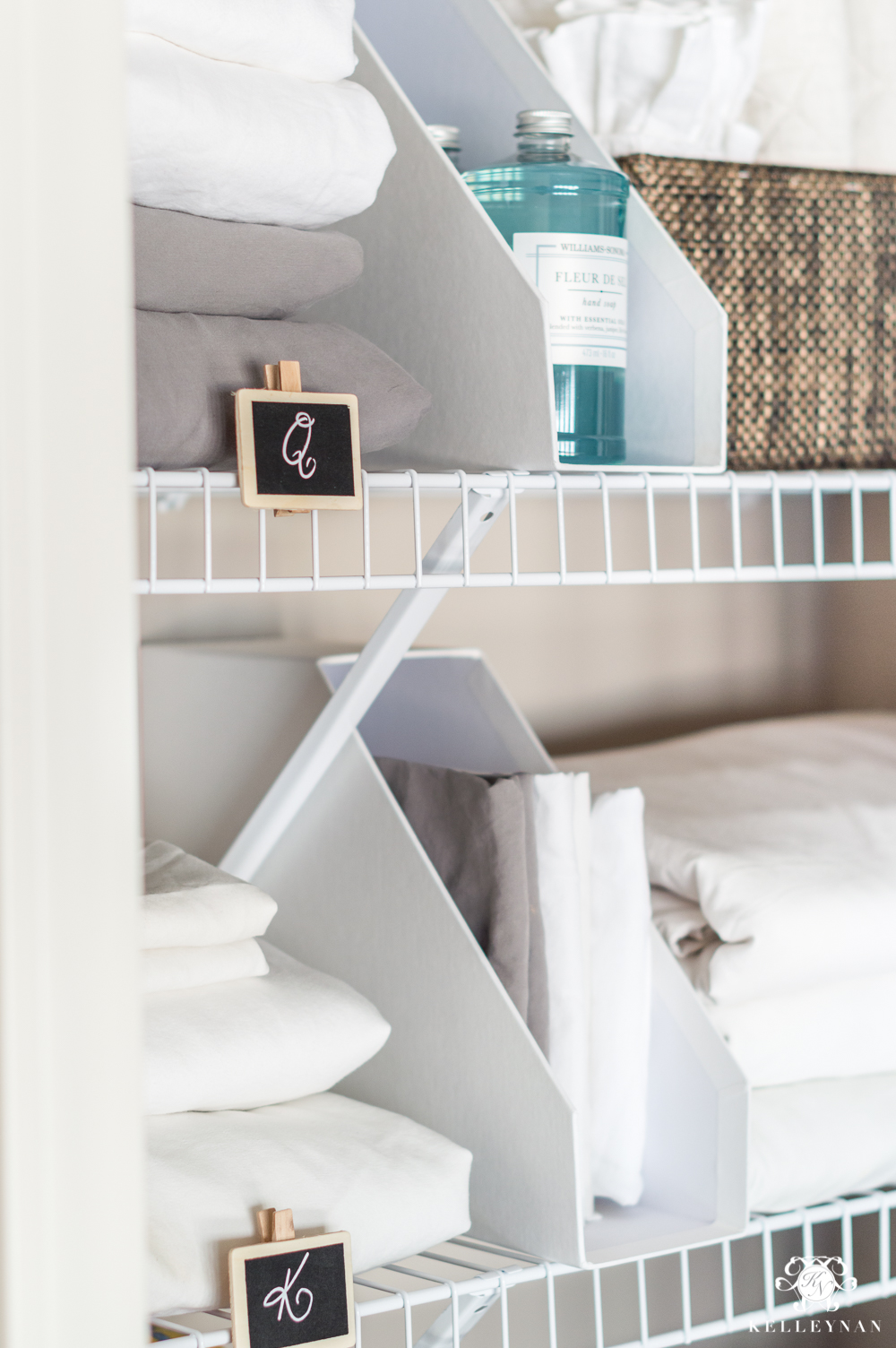 Labeling a tiny organized linen closet with wire shelves