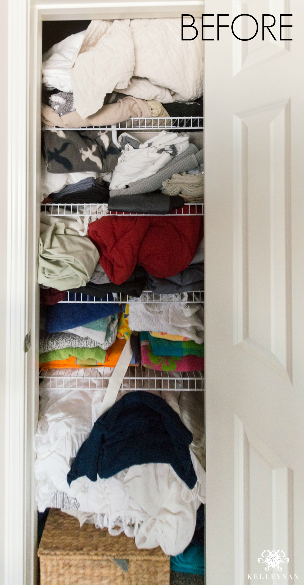 Tiny organized linen closet before