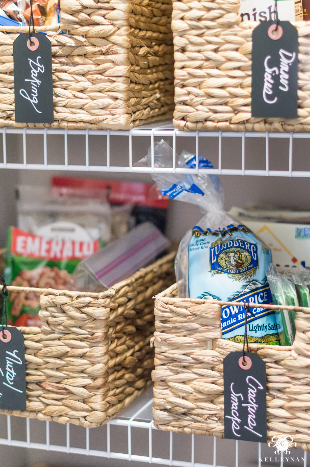 Organized Pantry Snack Baskets with Labels