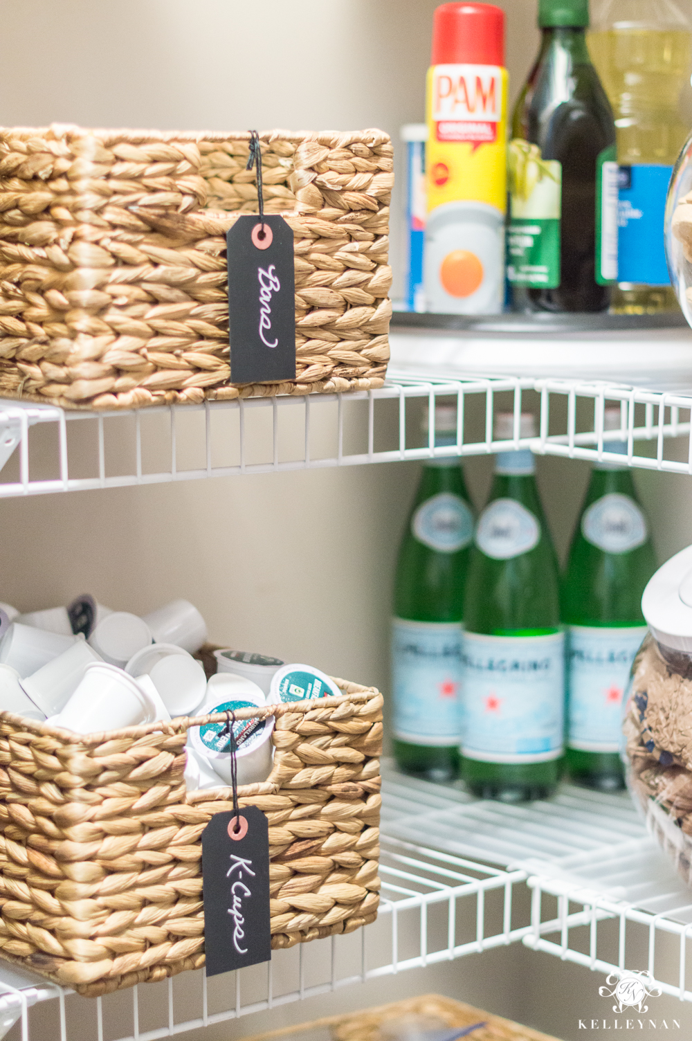 Chalkboard labels for organized pantry baskets