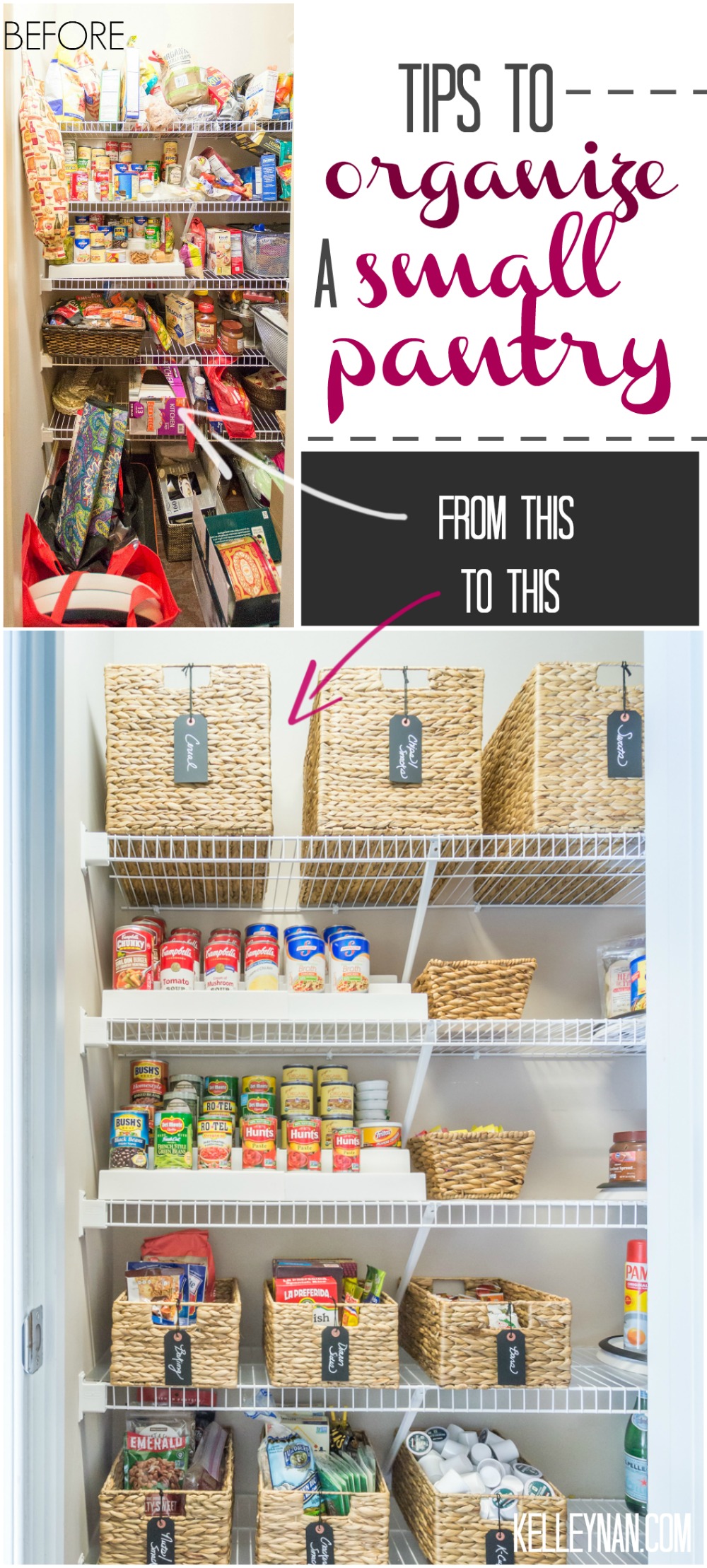 Small Pantry organization ideas with baskets, risers, and pop canisters 