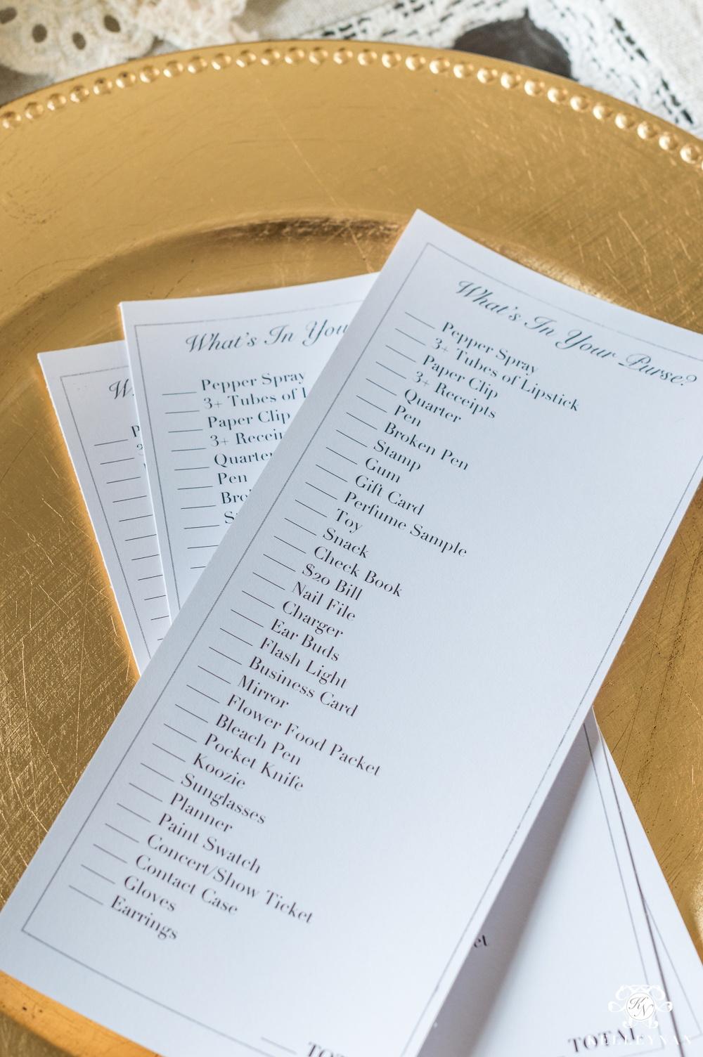 Purse checklist party game for organization and clean out 