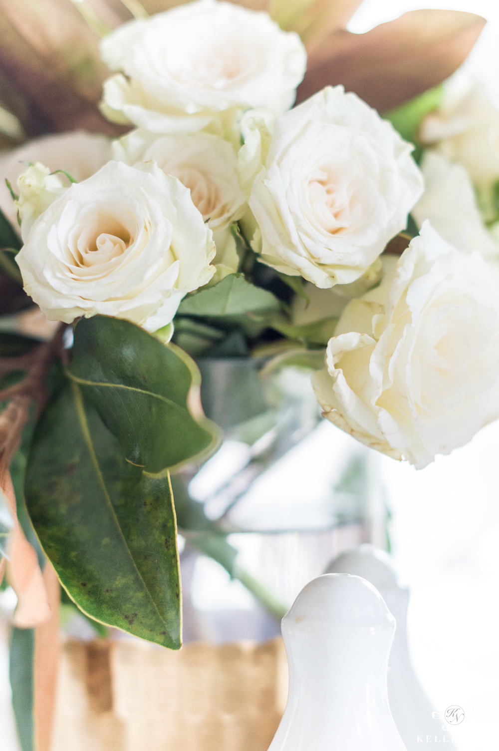 Centerpiece with white florals for Galentine's luncheon