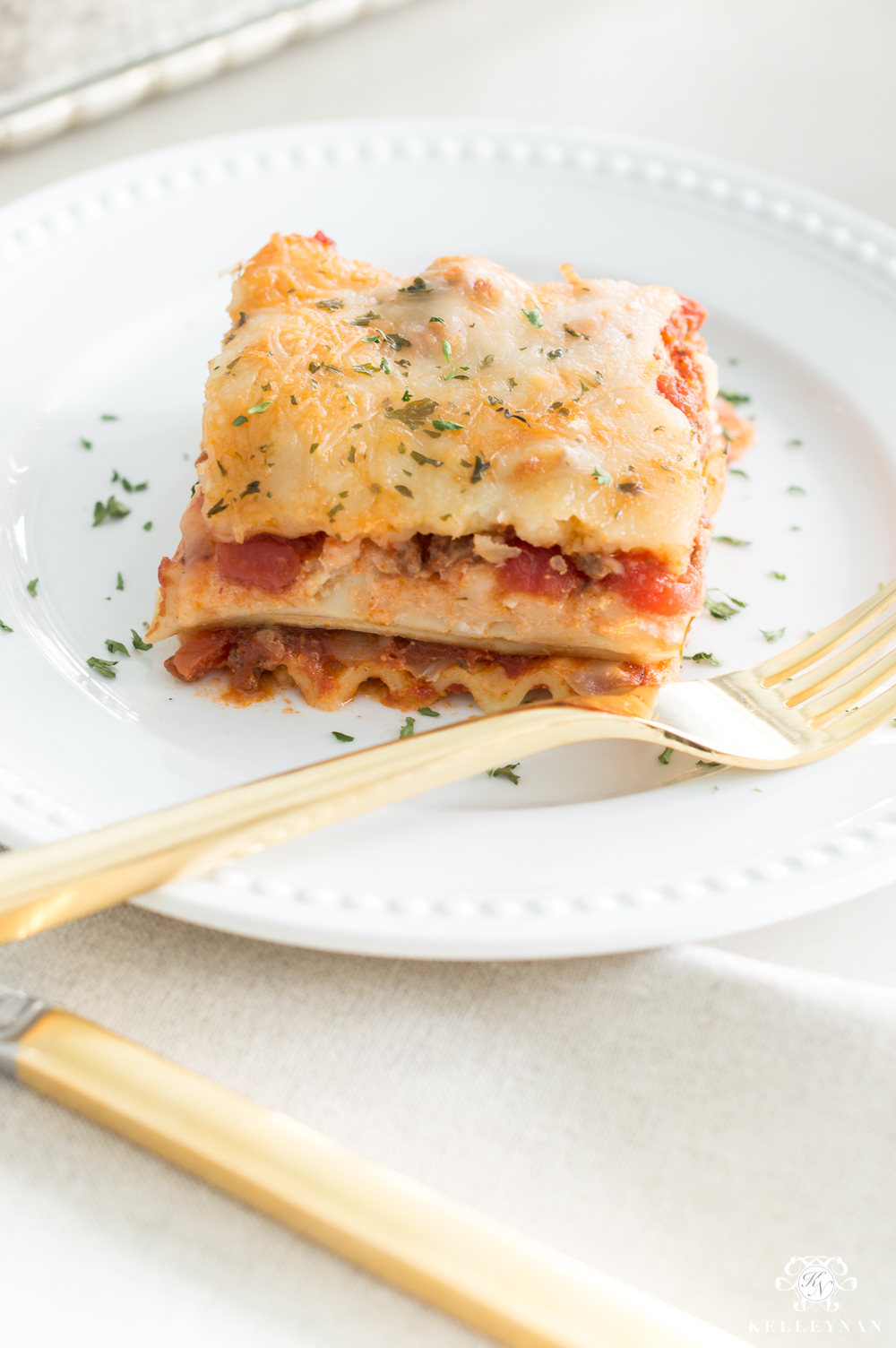 Favorite easy two-layer lasagna recipe with ground beef- a simple Italian favorite!