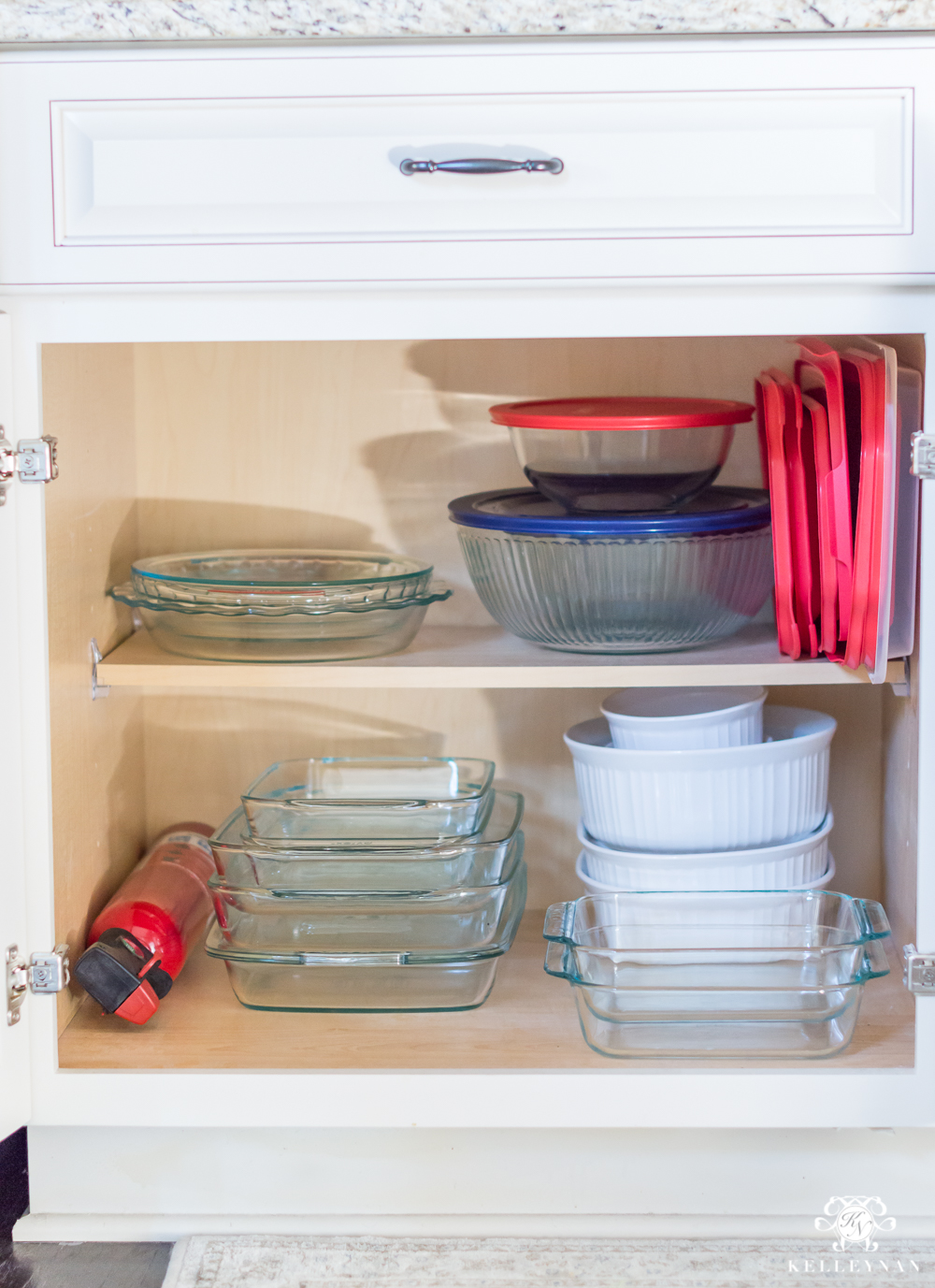 Organizing baking and casserole dishes in the kitchen