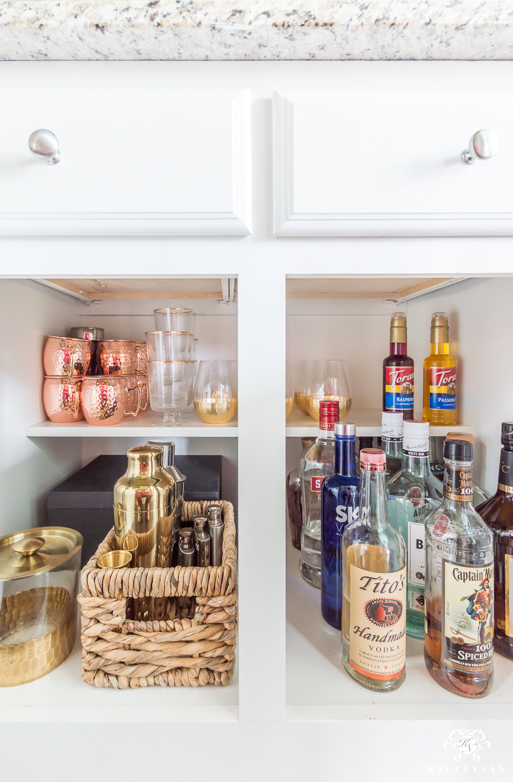 Organized Liquor Cabinet in a Small Organized Butler's Pantry