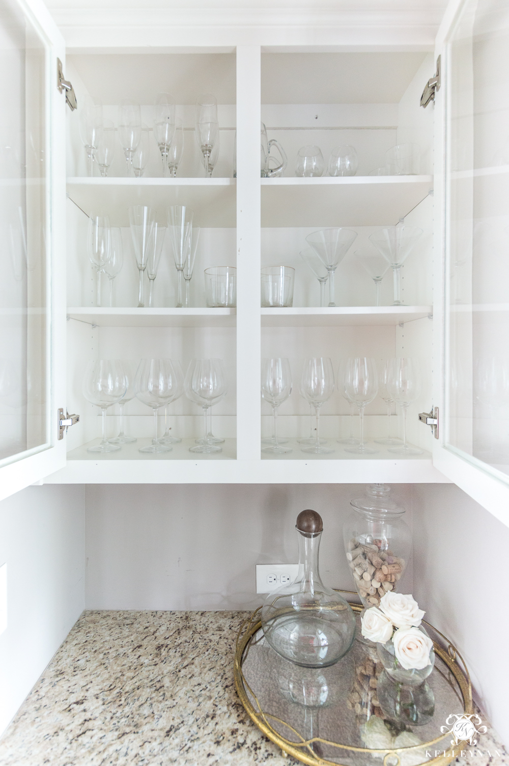 Organized Glassware in a small butler's pantry cabinet