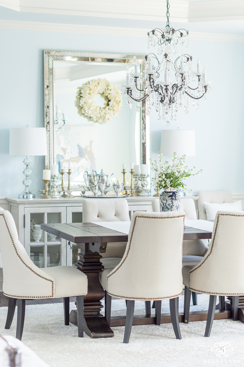 Elegant Dining Room with Sherwin Williams Blue Paint and Restoration Hardware Furniture