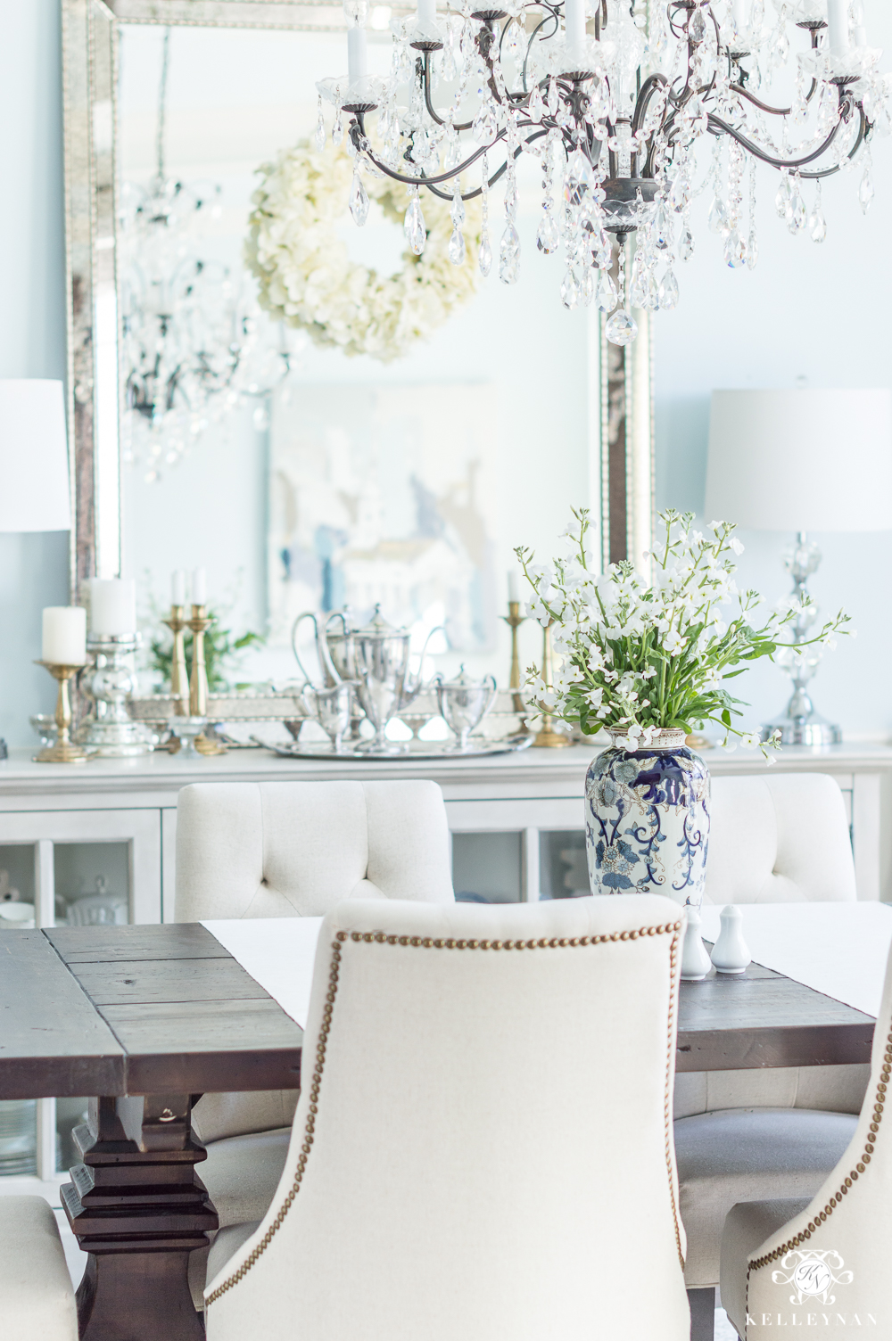 Dining Room Table Centerpiece in Blue and White Vase