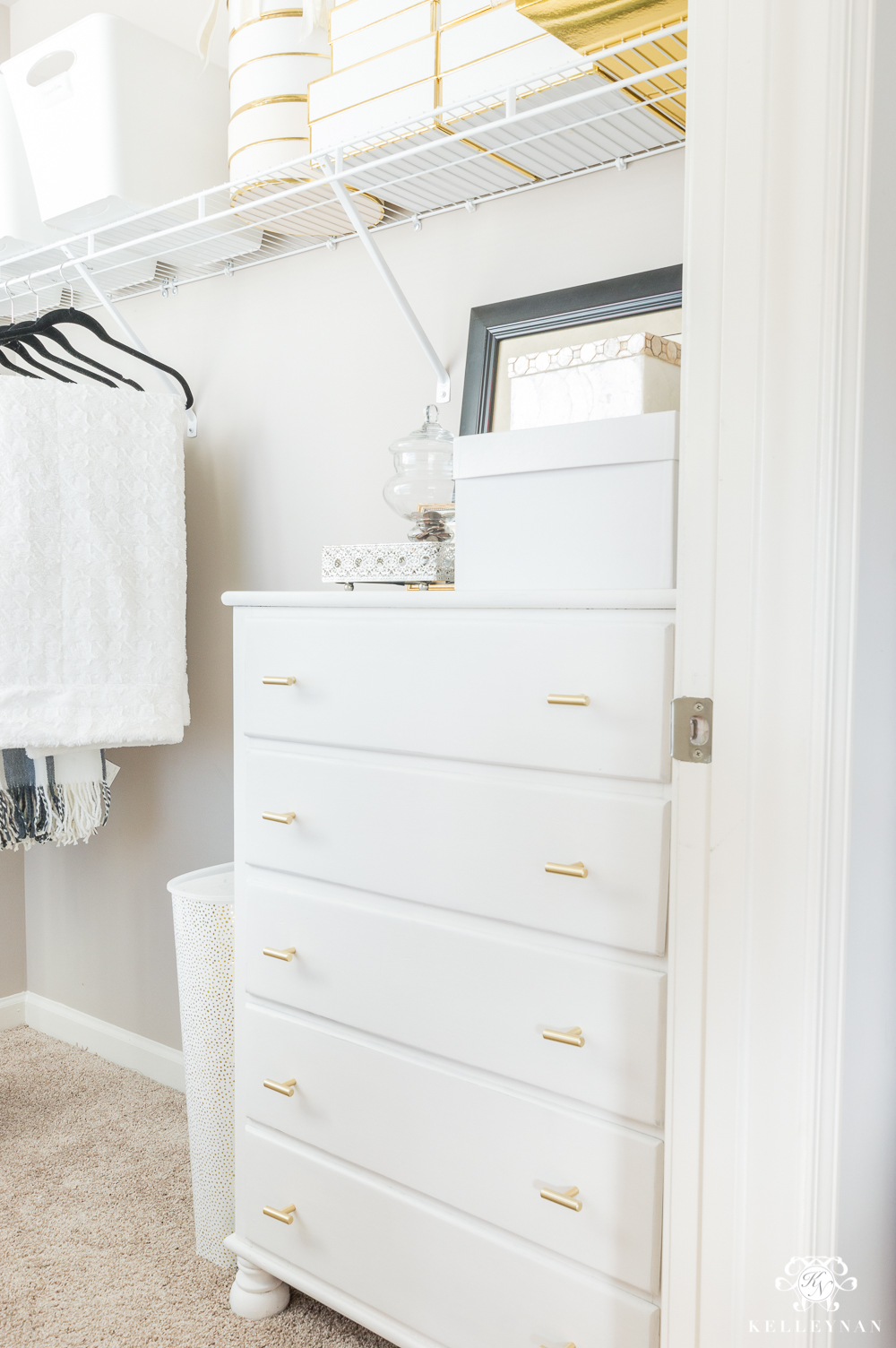 Chalk painted chest of drawers with updated knobs and hardware