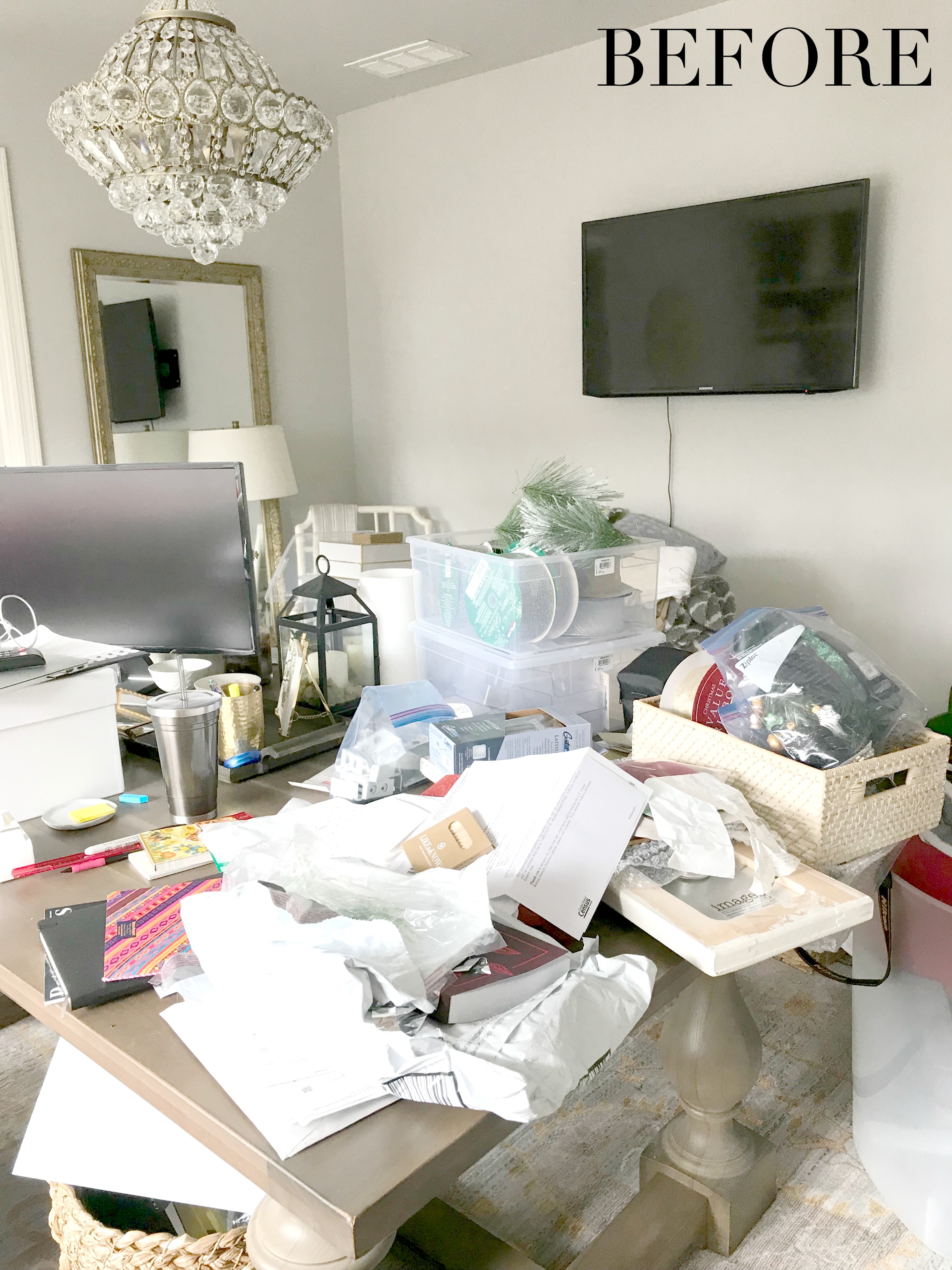 Messy office before cleaning