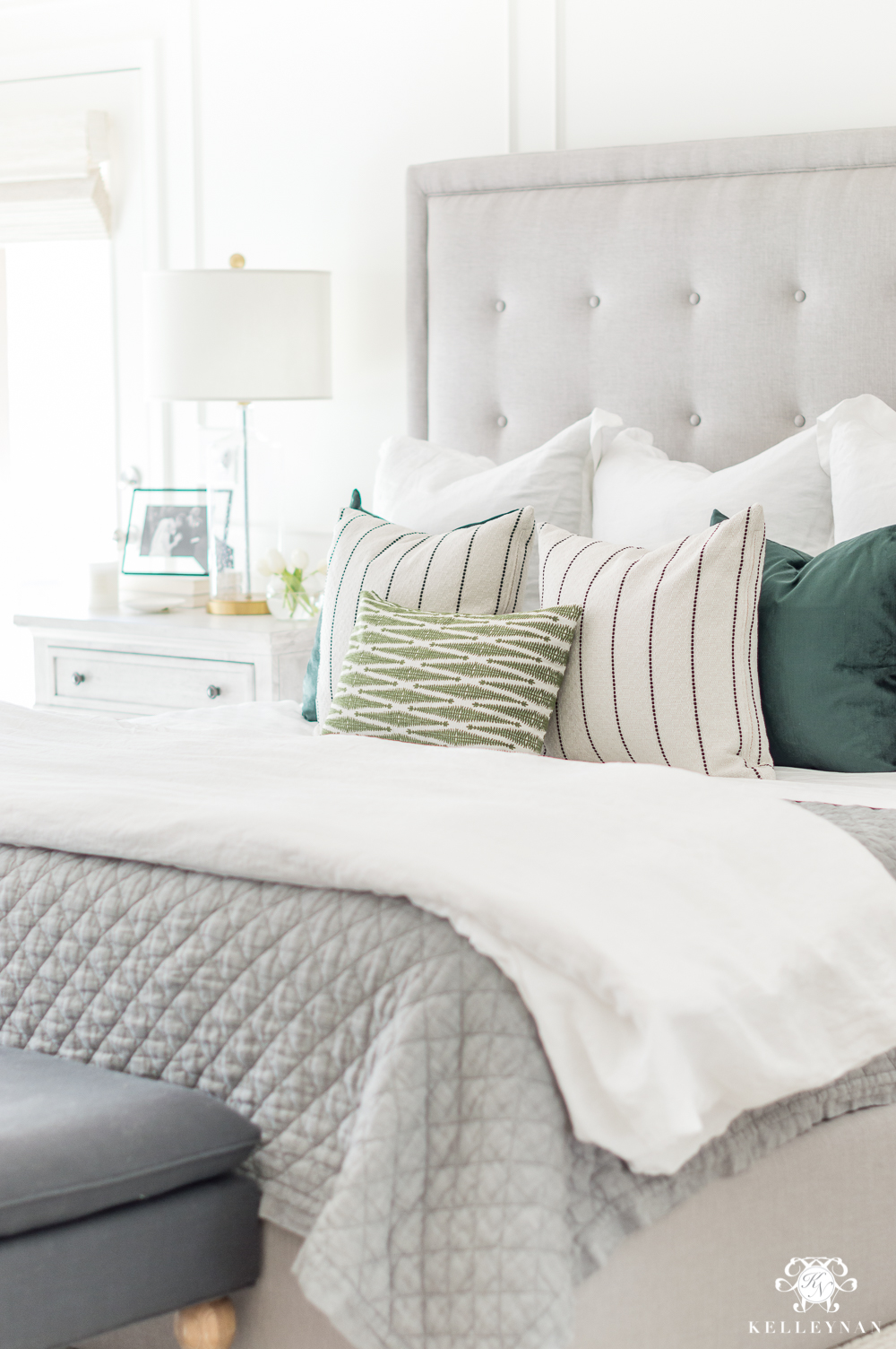 Master Bedroom Bedding Ideas with White, Gray, and Green