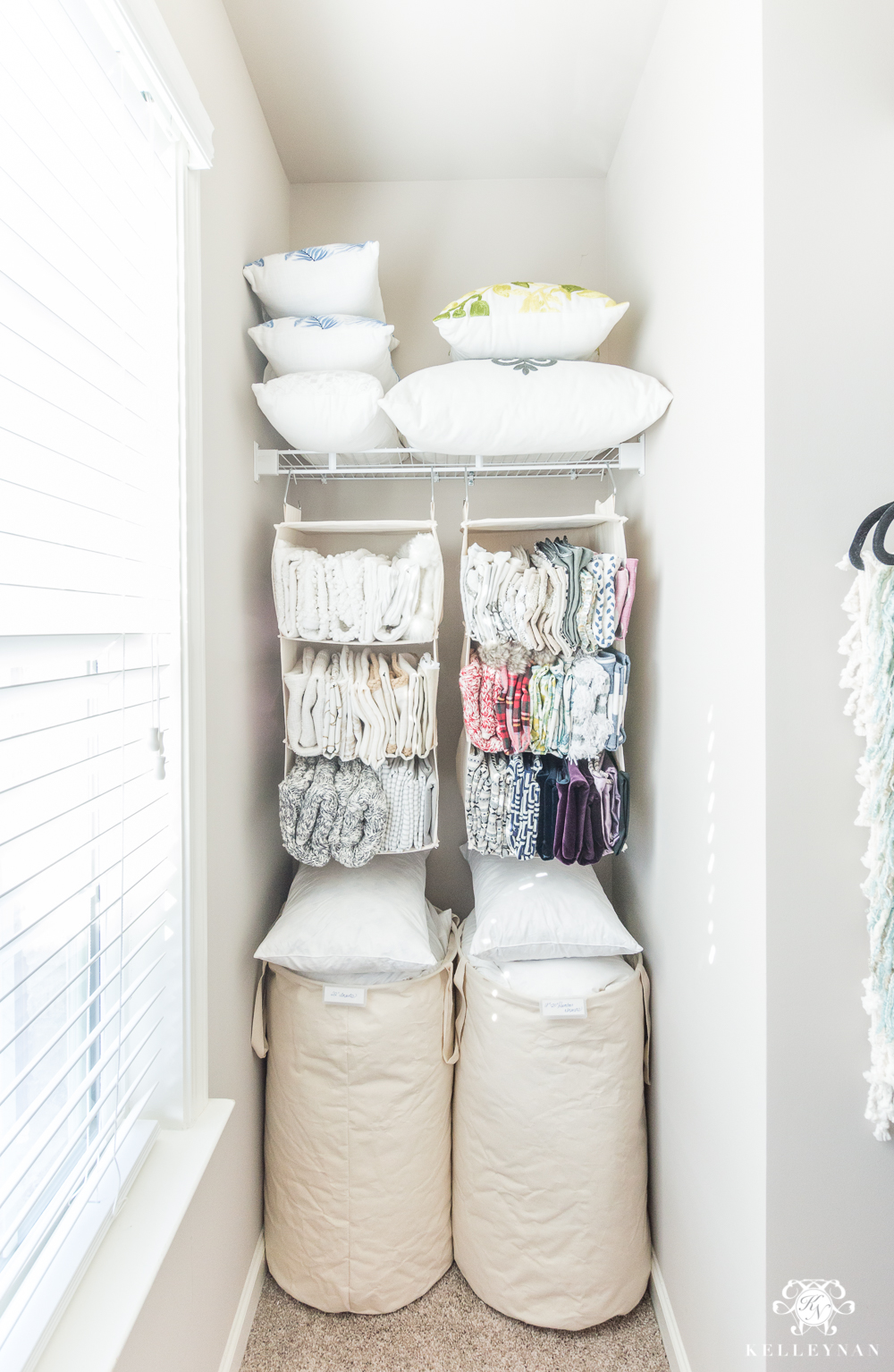 Throw pillow insert and cover organization in closet nook