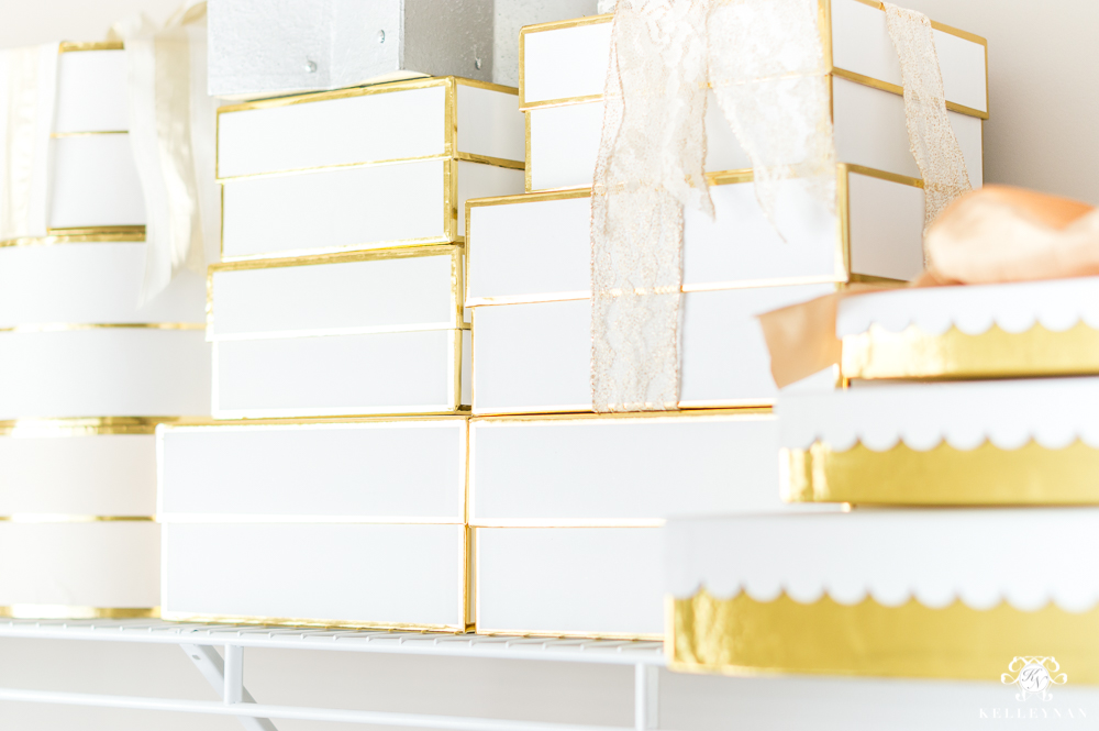 Sugar Paper gold and white gift boxes organized