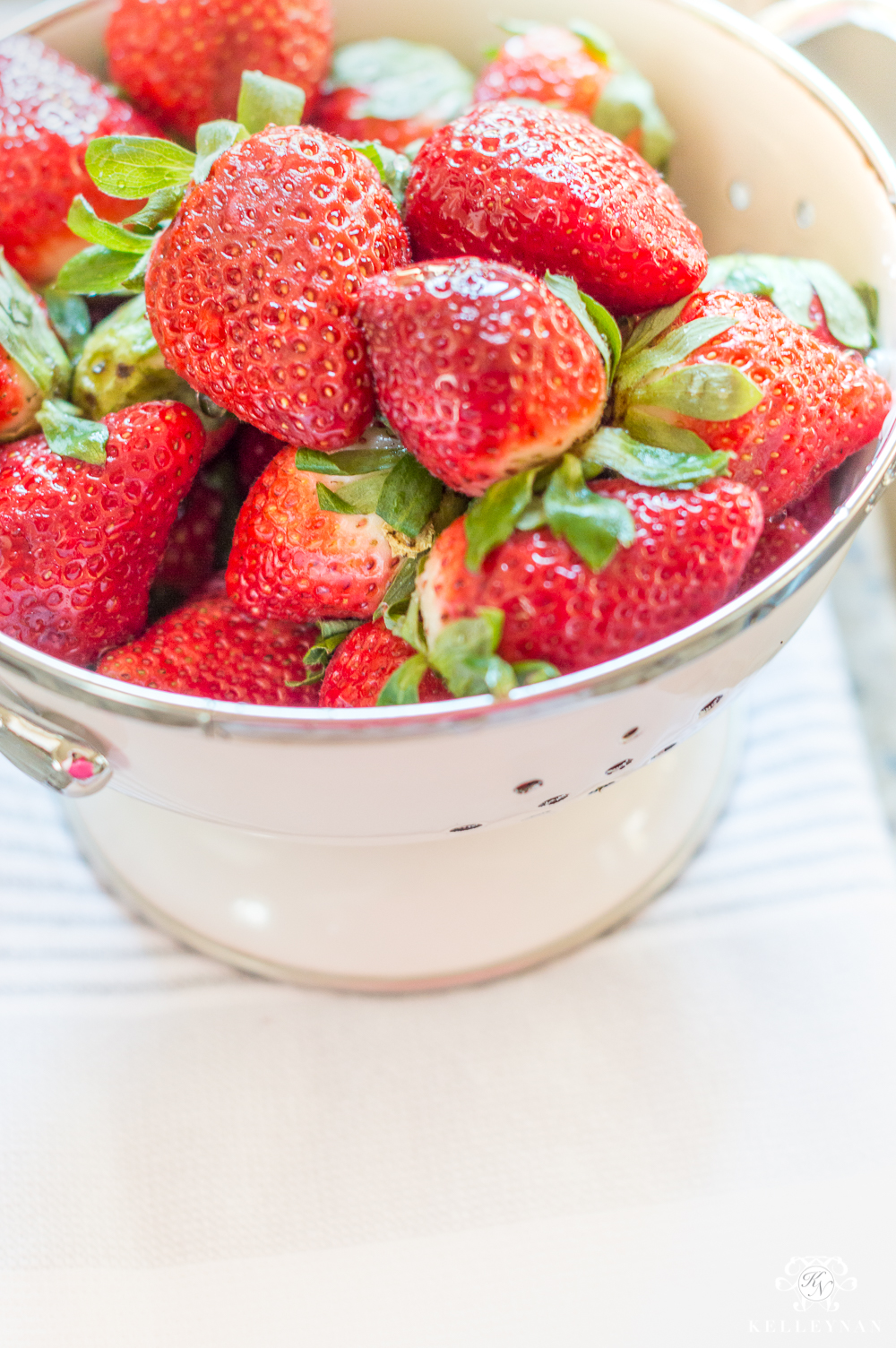 Colander of Strawberries Spring Fruit in Kitchen