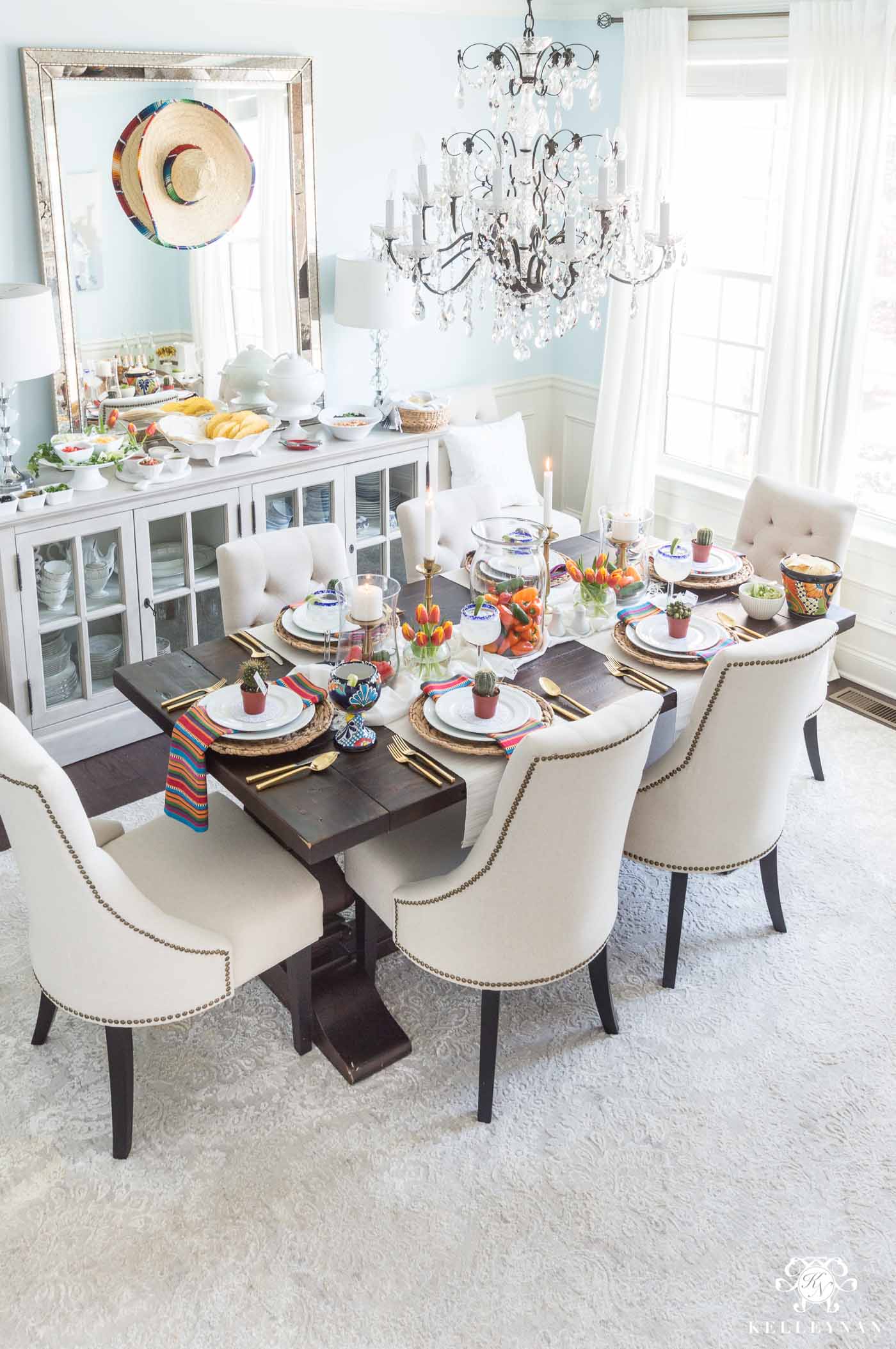 Mexican theme party decorations in a dining room of a house in