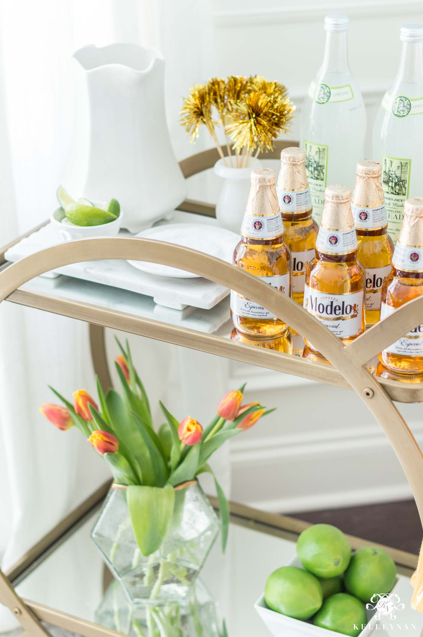 Mexican Bar Cart for Cinco de mayo with Flowers and Limes