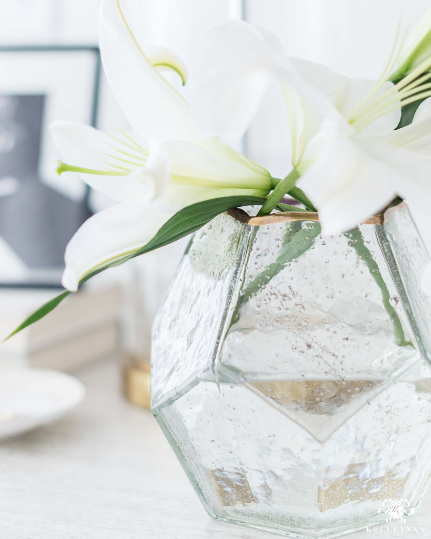 Pretty Glass Vase with Metallic Gold Rim with Flowers