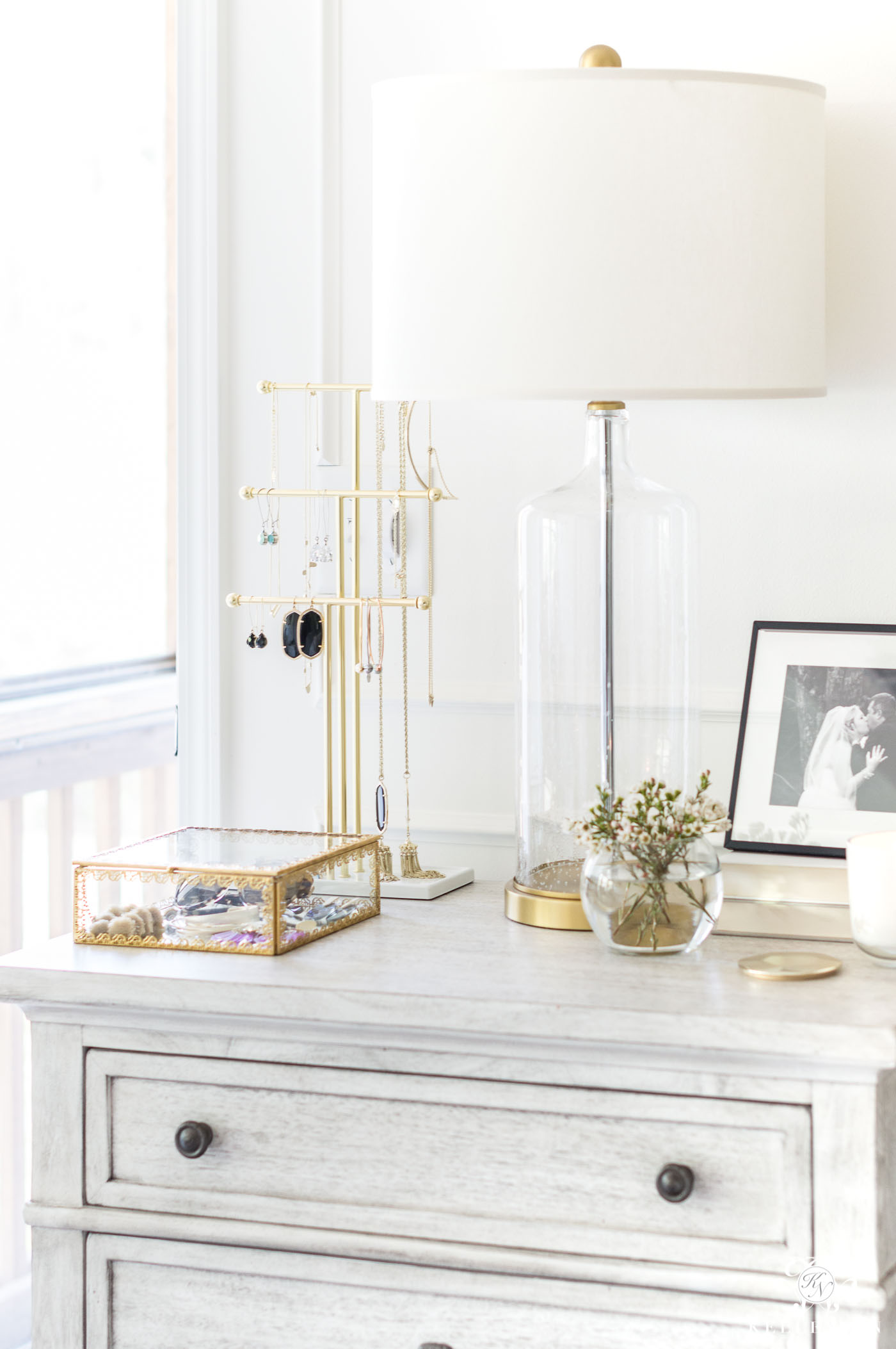 Styling a nightstand with jewelry