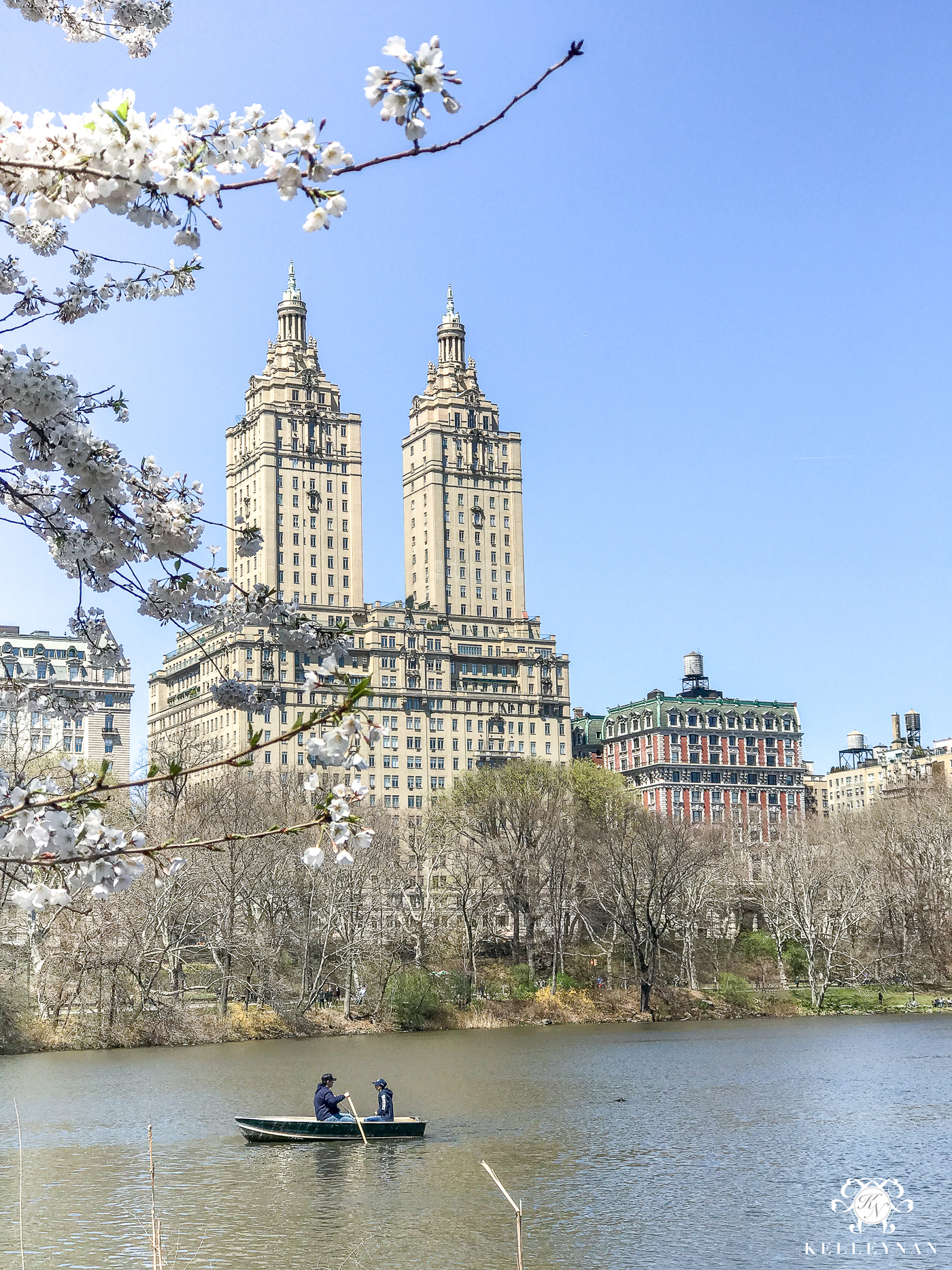 Central Park views in NYC with lake and paddle boats