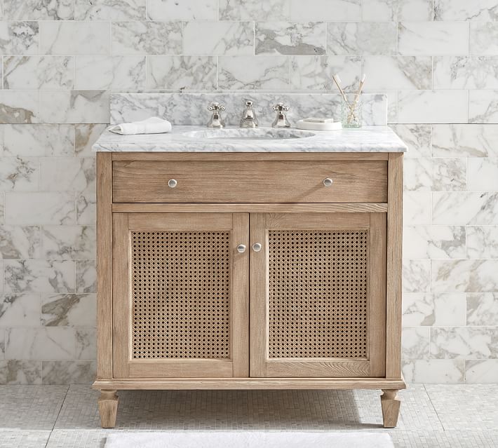 Washed Wood Cane Bathroom Vanity with Marble Top
