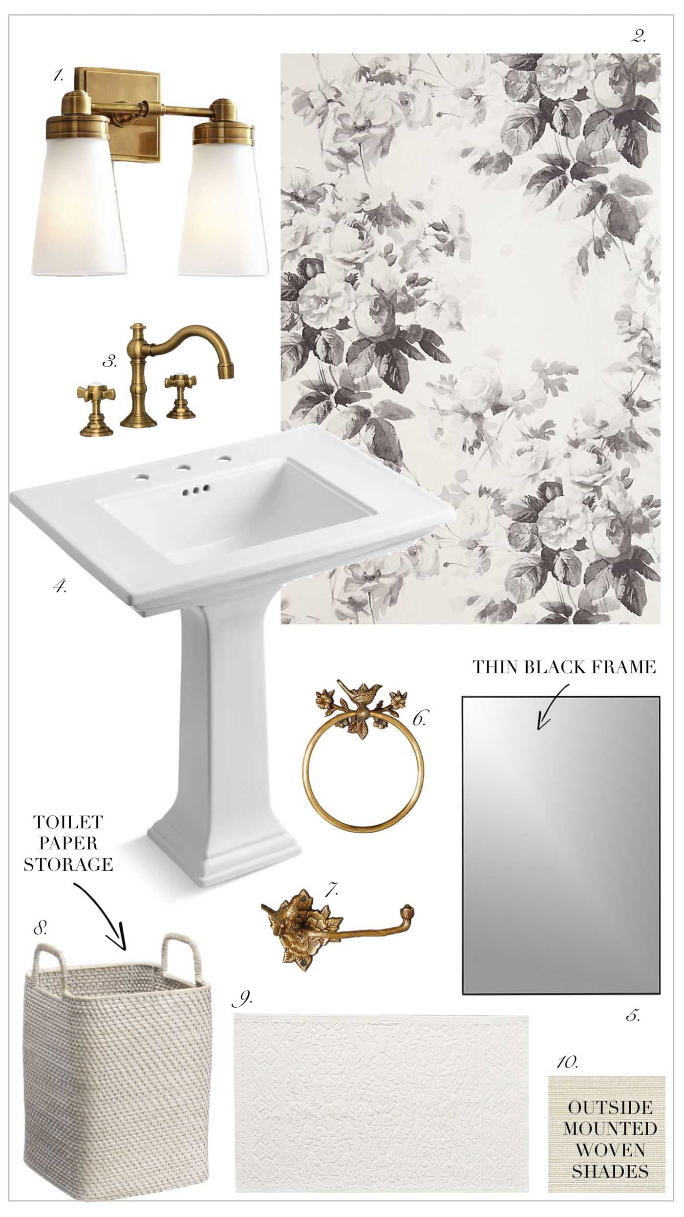 Small Half Bath Powder Room Design Idea with Black and White Floral Wallpaper and Brass Accents