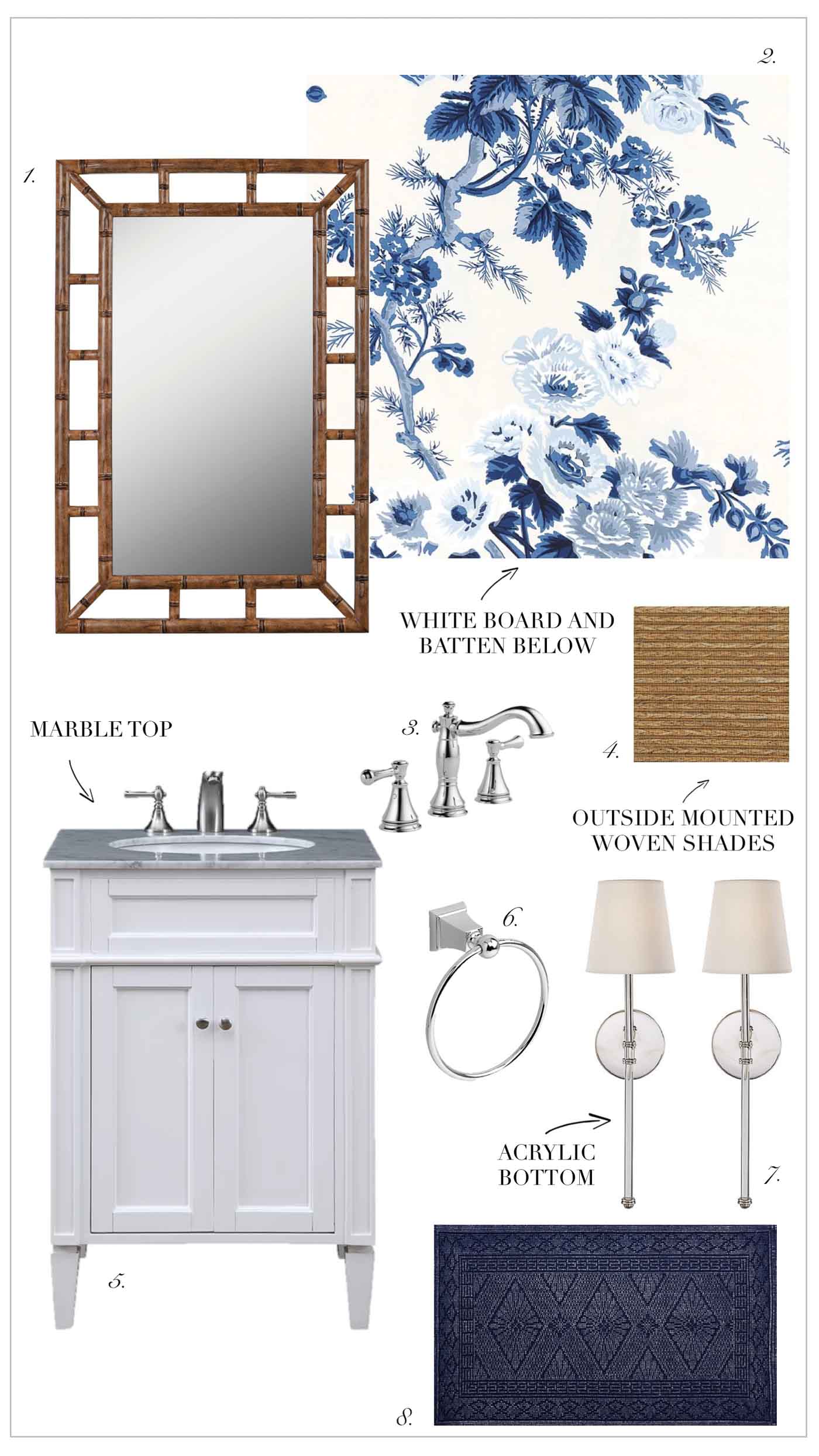 Powder Room Design Ideas with Small Vanity and Blue Floral Wallpaper