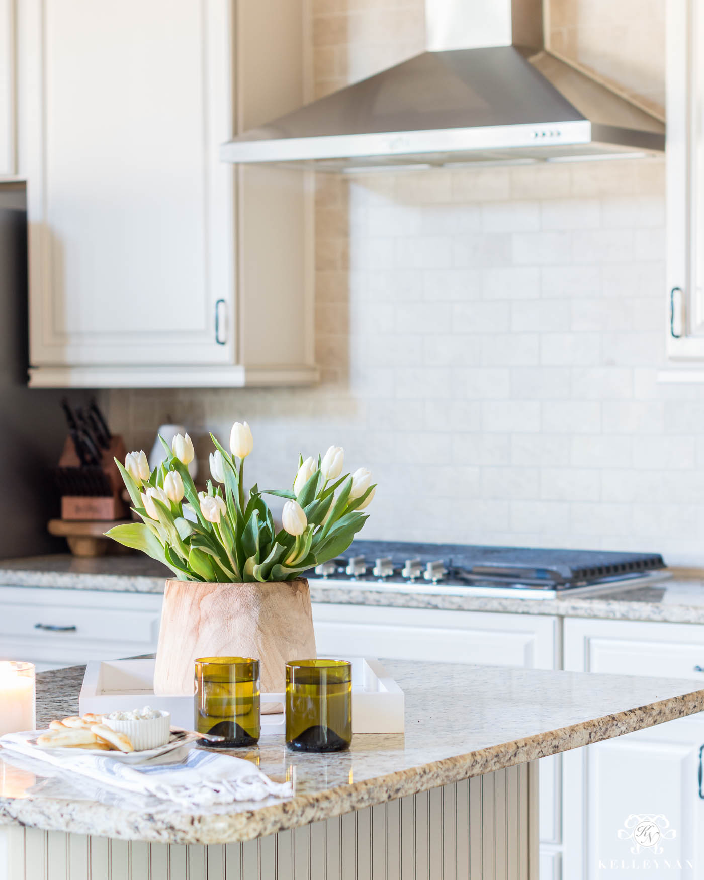 Kitchen Island Styling Tips and Ideas with Wooden Planter for Flowers