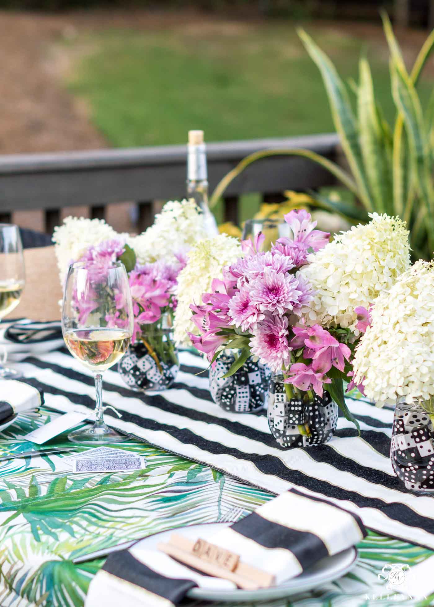 Game night centerpieces with black and white dice