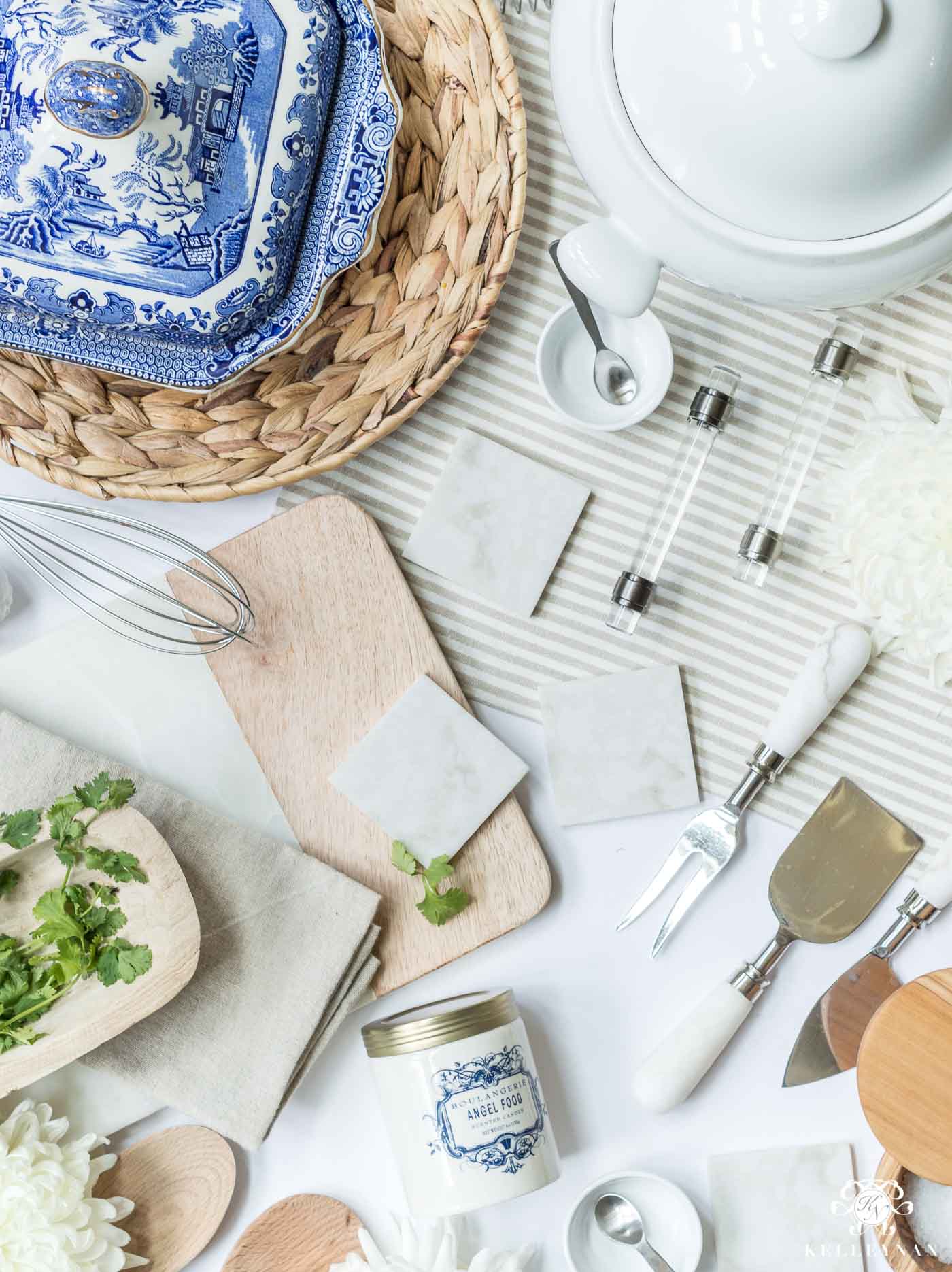 Kitchen inspiration wth mixed metal, blue and white, woods for a modern take on classic and traditional