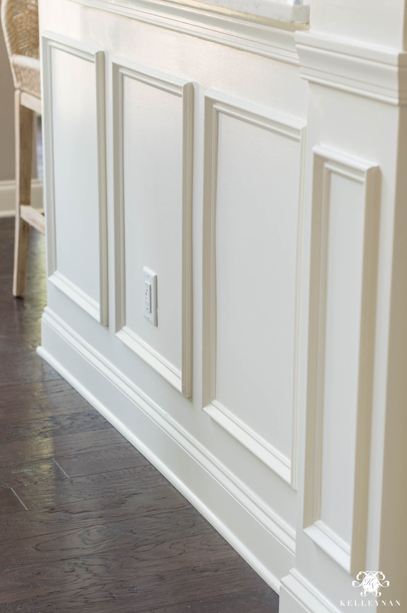Wall molding and trim ideas to frame in the kitchen with picture frame molding and a column- Creamy by Sherwin Williams