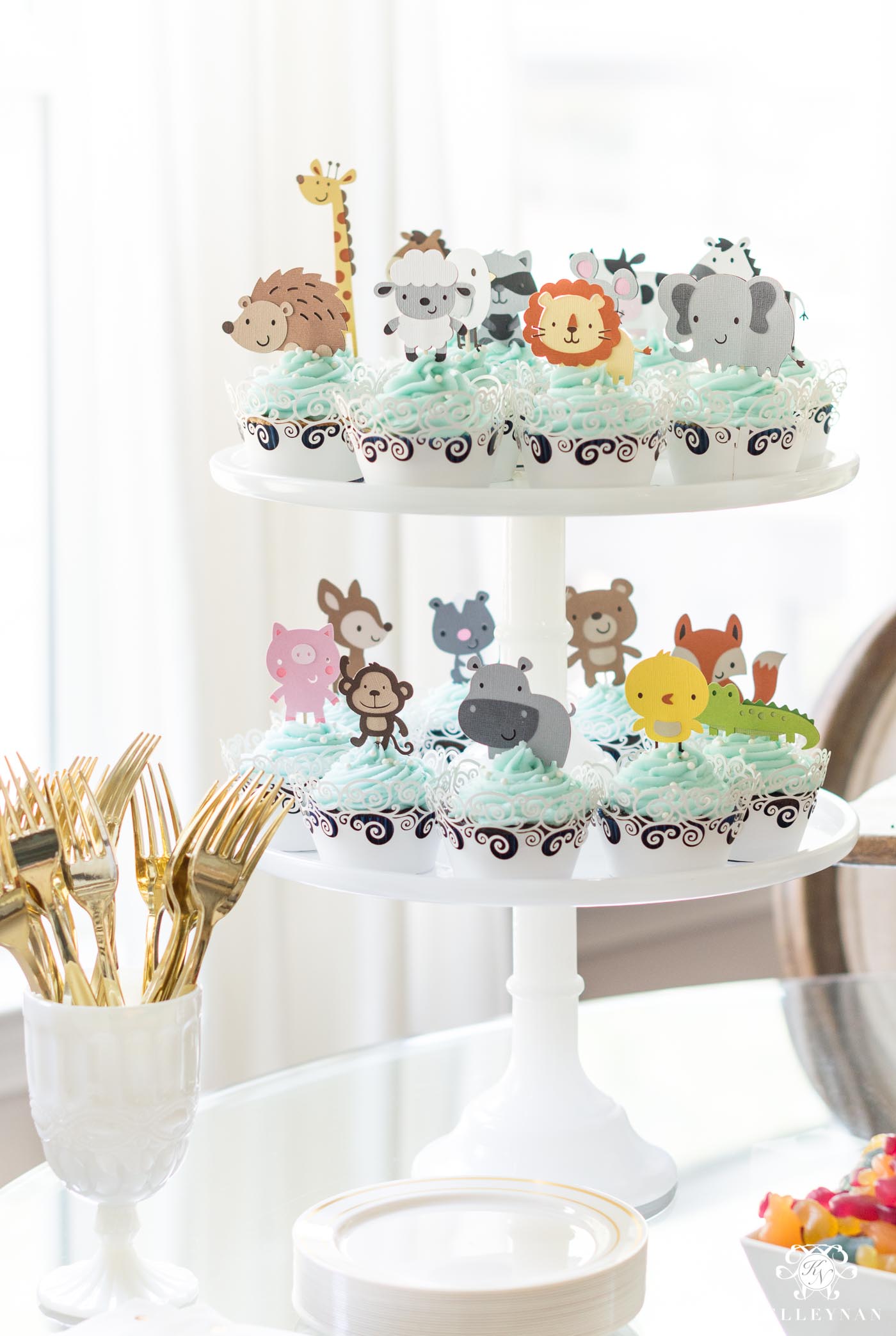 Noah's Ark themed animal cupcake tower for twin baby shower