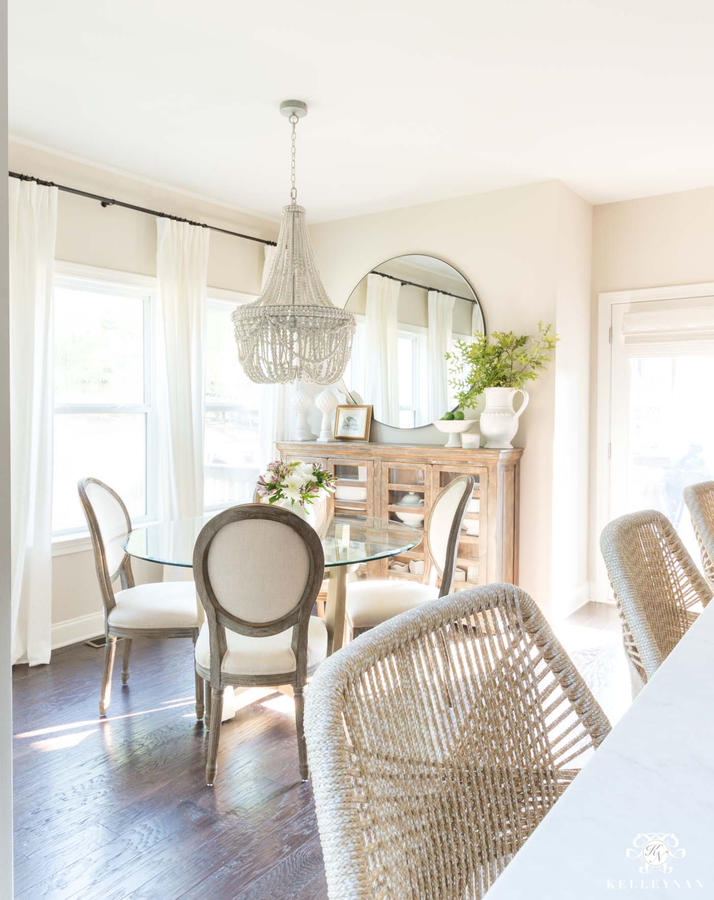 Transitional Breakfast Nook with Large Oversized Round Mirror