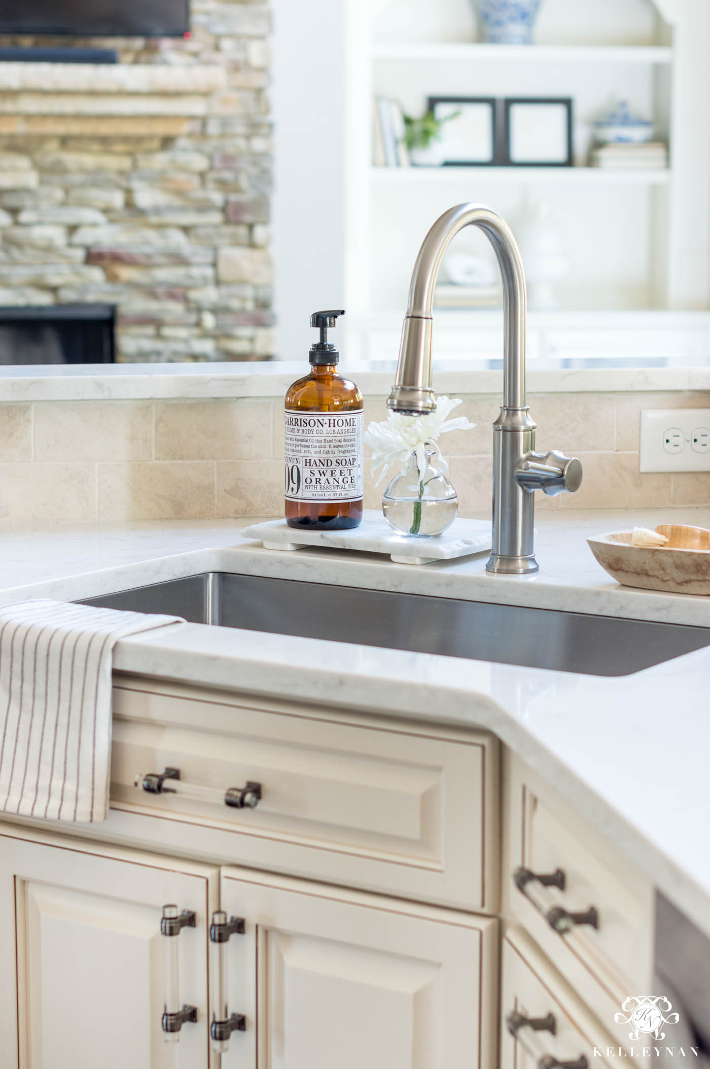 Cream Kitchen Cabinets With White Quartz Countertops And Blanco Stainless Sink 