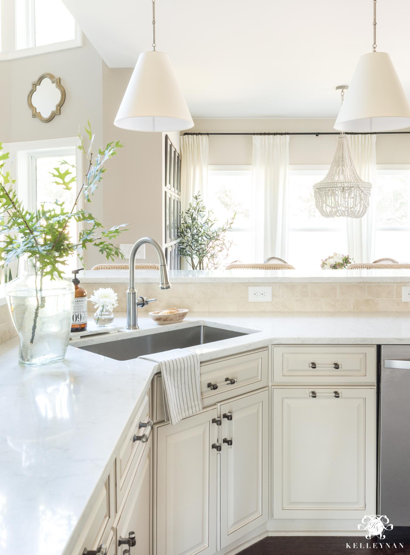 Update And Make A Traditional Cream Kitchen More Modern On A Budget   Goodman Paper Pendants Over Kitchen Bar 