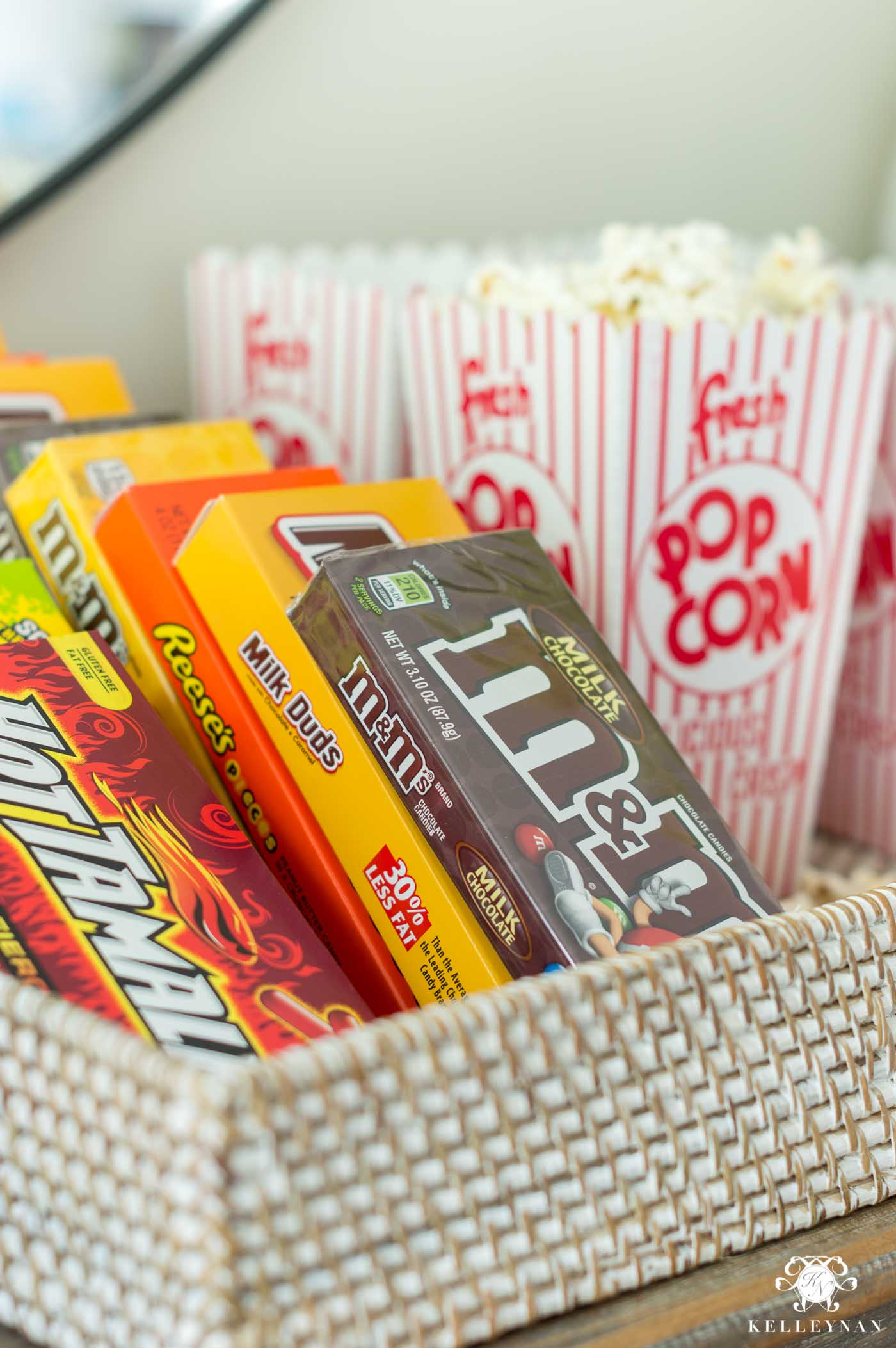 Candy and popcorn bar setup at home for afternoon football snack