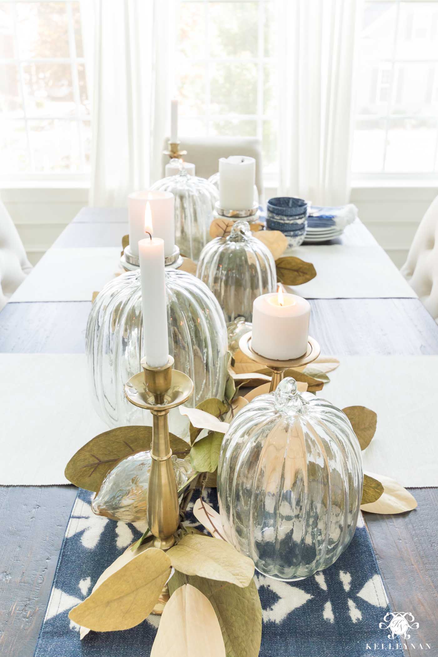 Fall Tablescape Ideas with Pumpkin and Leaf Garland Centerpiece